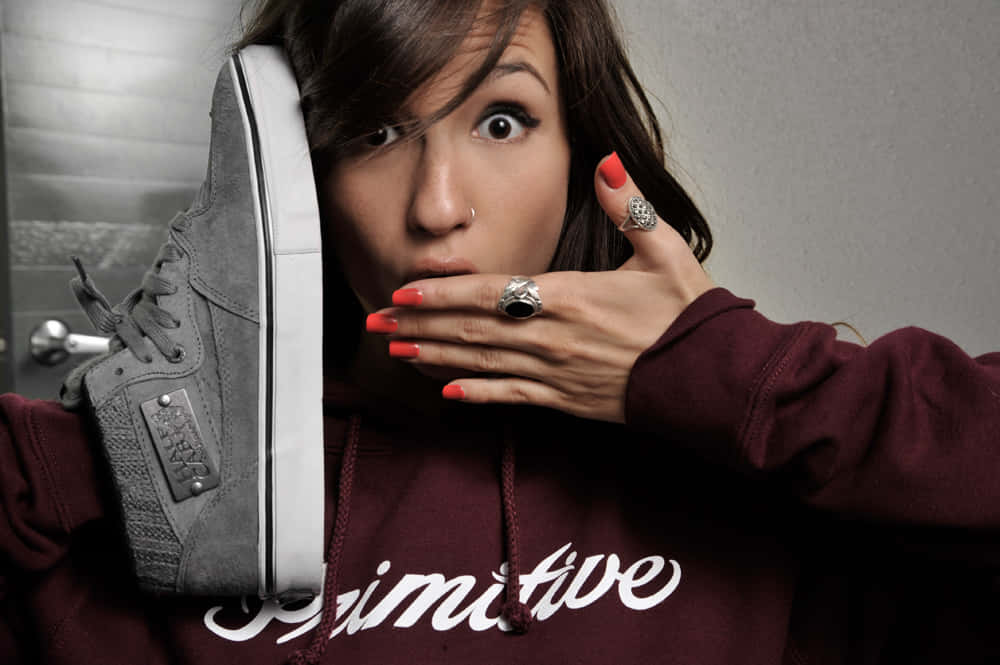 Primitive, red nails, gray sneaker, SD Desktop Wallpaper