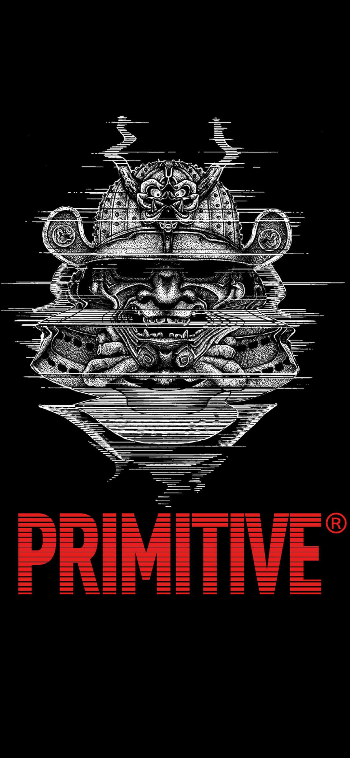 PRIMITIVE, black and white samurai helmet, red text, Full HD Phone Wallpaper