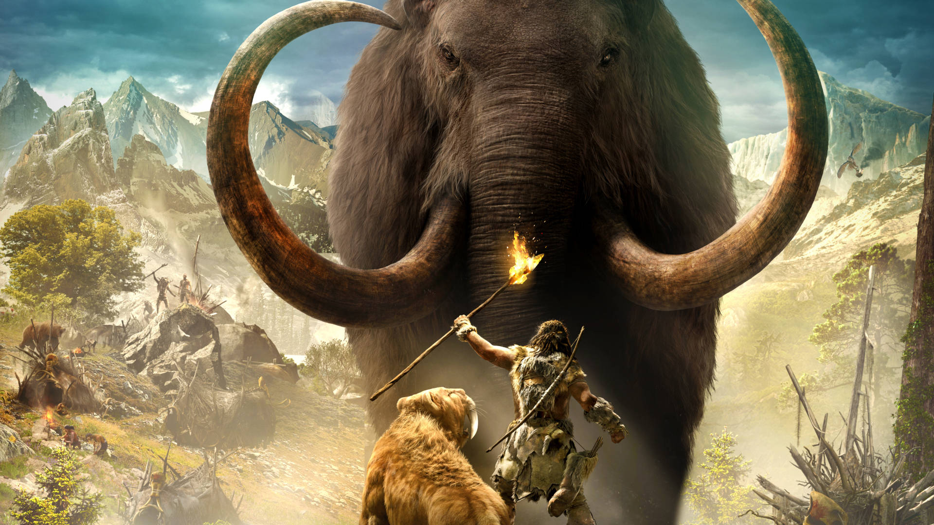 caveman, torch, woolly mammoth, Full HD Desktop Wallpaper