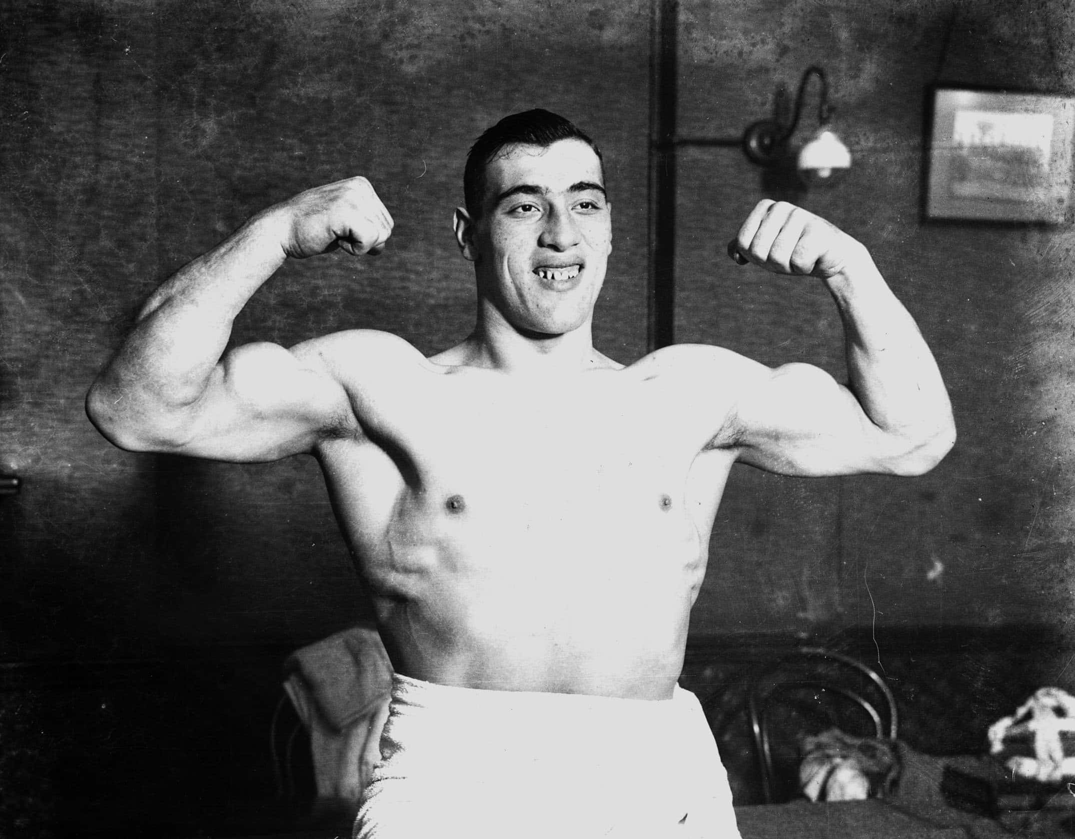 Primo Carnera, vintage black and white studio photo, shirtless muscular man, Full HD Desktop Wallpaper
