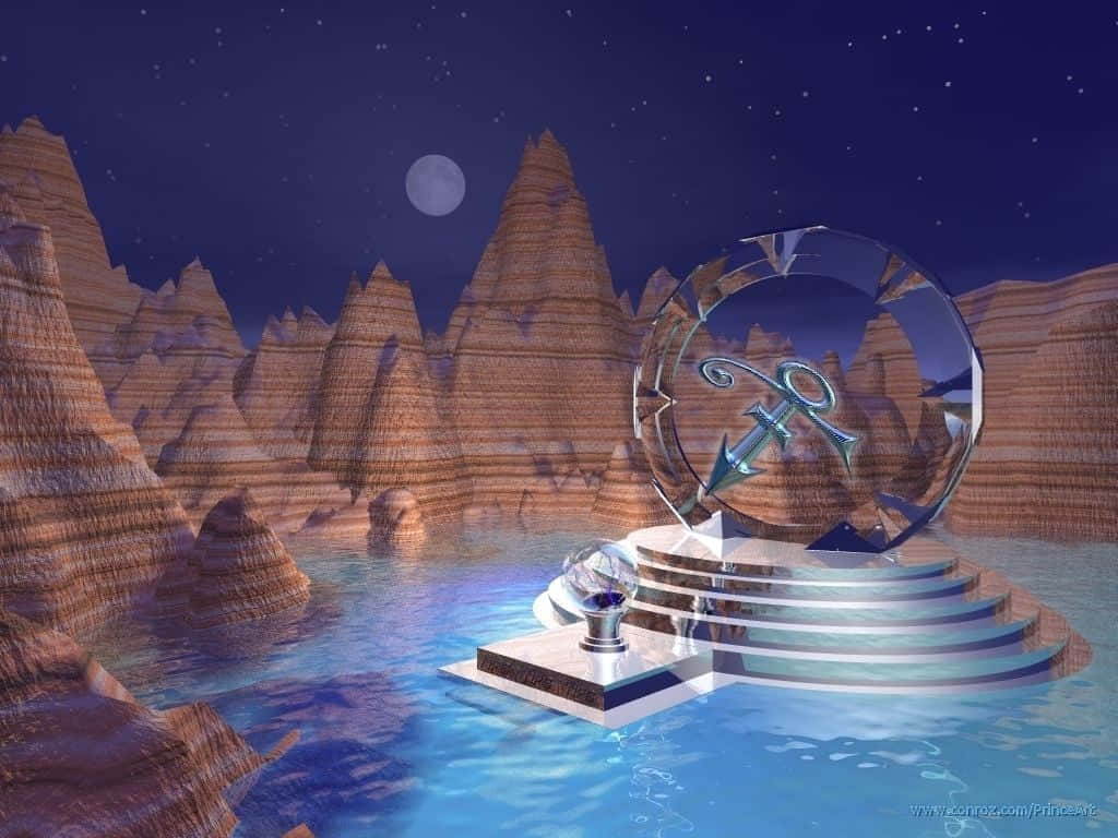 Prince Symbol, glowing silver anchor sculpture, moonlit desert canyon, SD Desktop Wallpaper