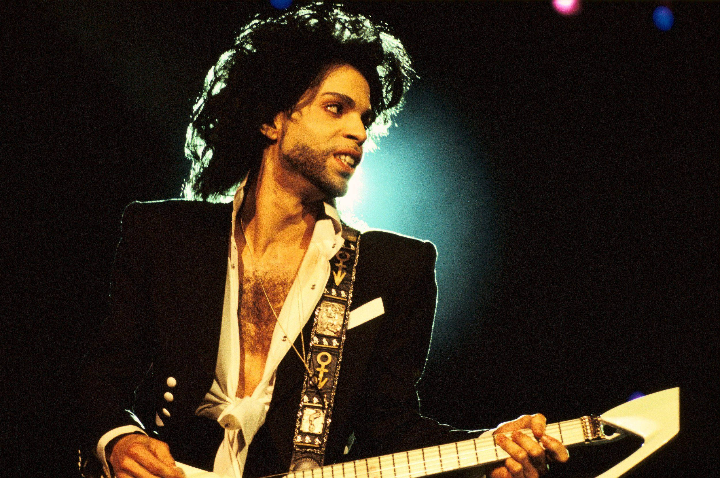 Prince, guitar, black suit, Full HD Desktop Wallpaper