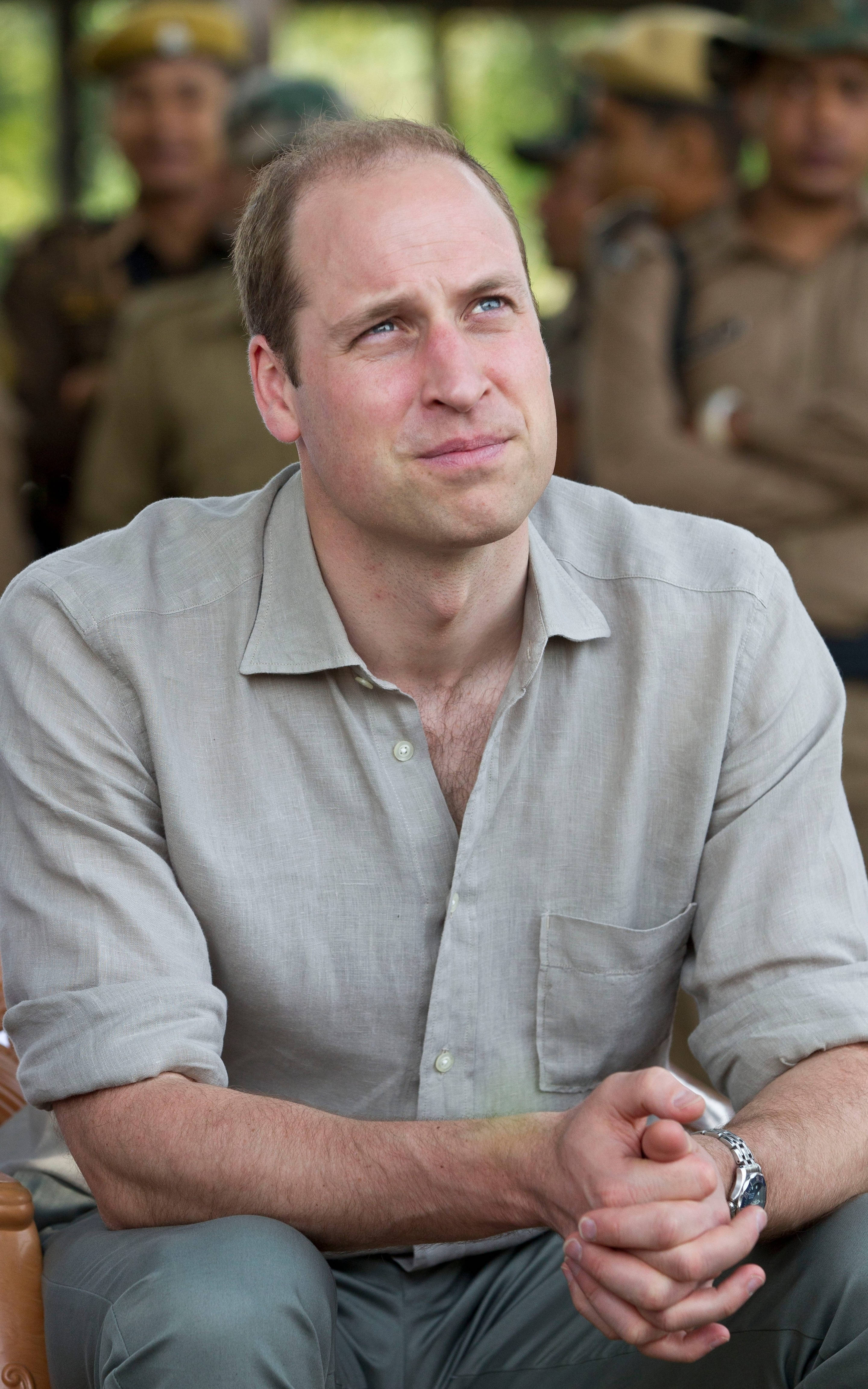 Prince William, light gray shirt, lush green outdoor setting, 4K Phone Wallpaper
