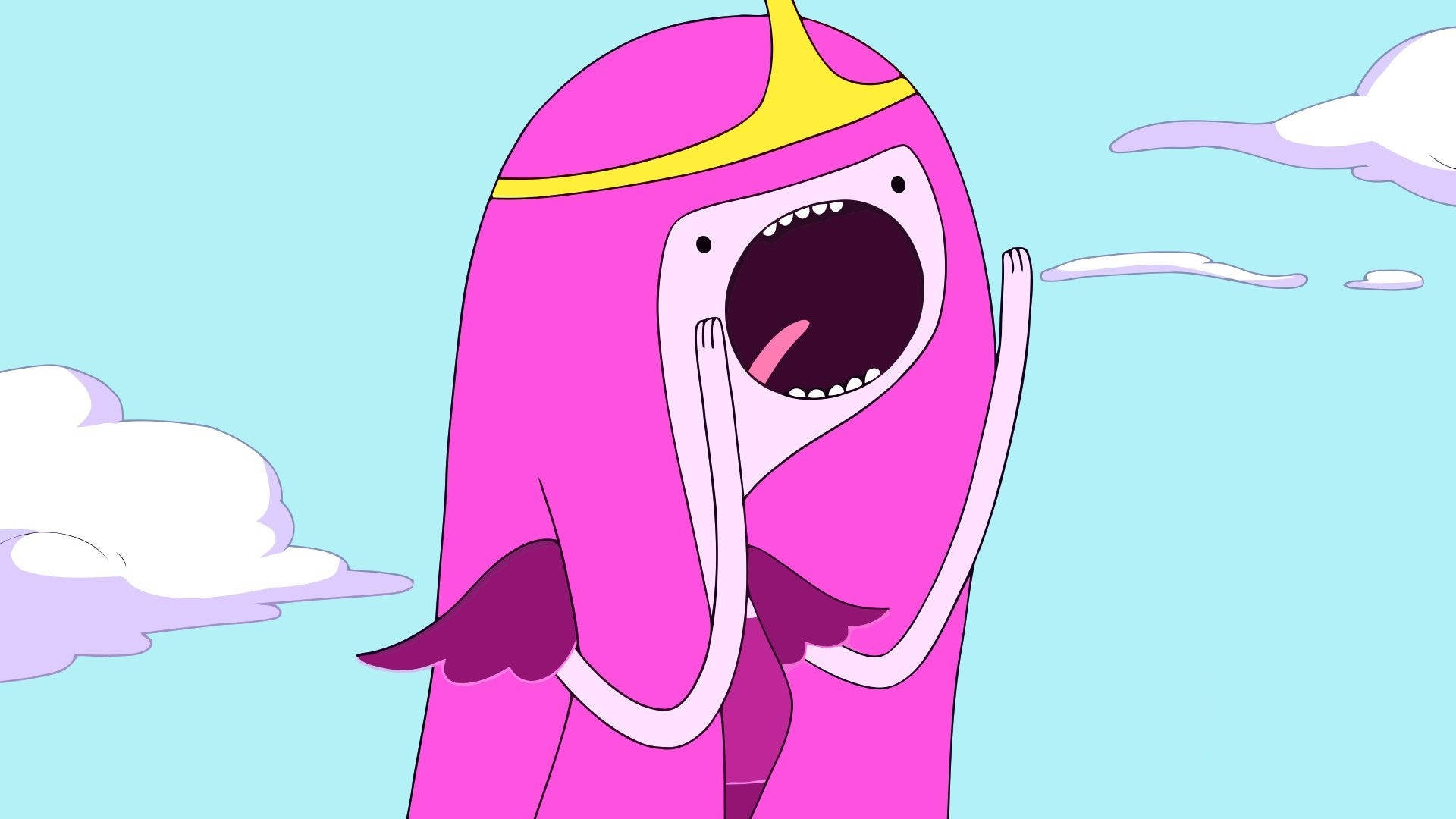 Princess Bubblegum, pink animated character, yellow crown, Full HD Desktop Wallpaper