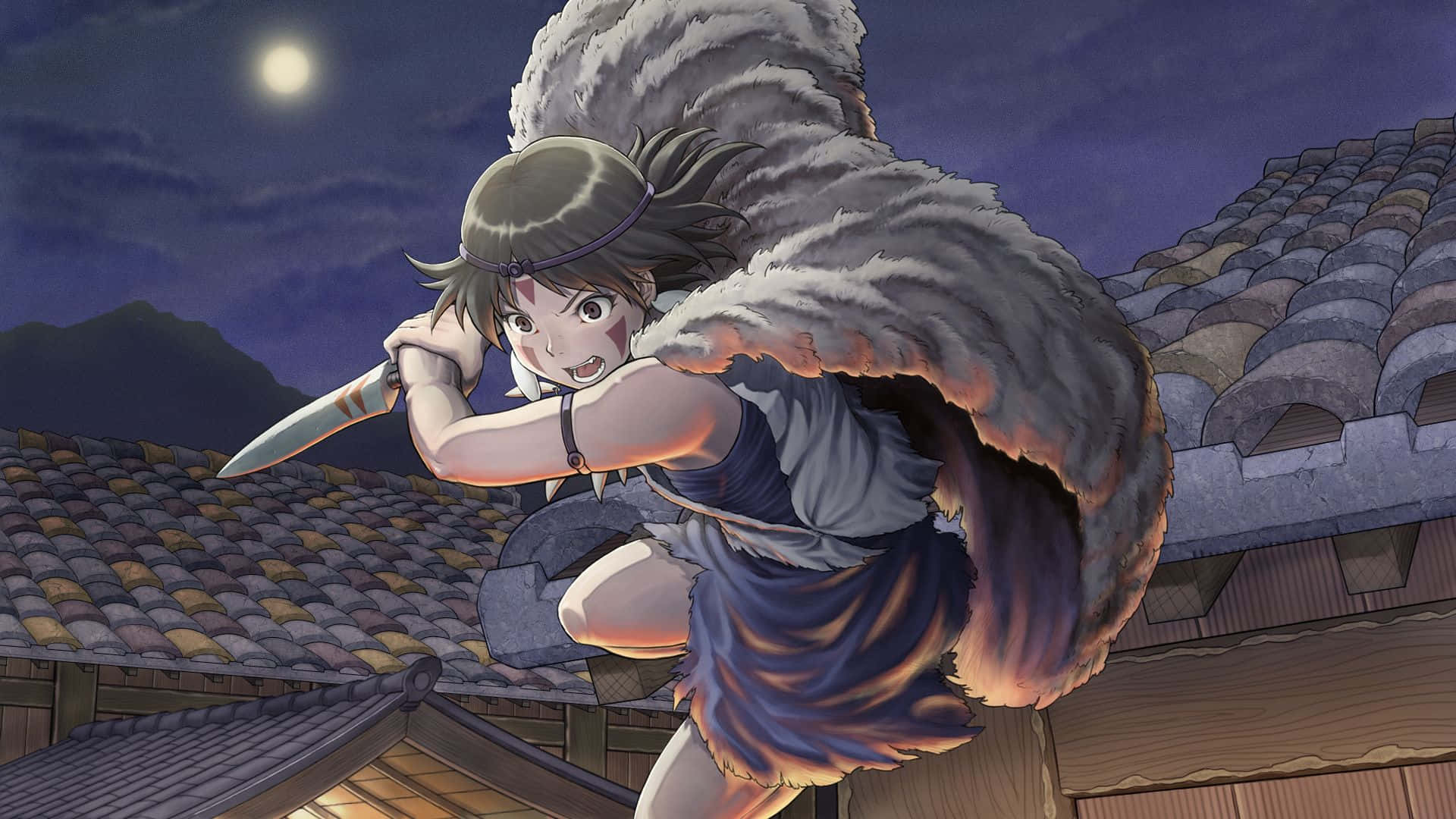 Princess Mononoke, Studio Ghibli, fur cloak, Full HD Desktop Wallpaper