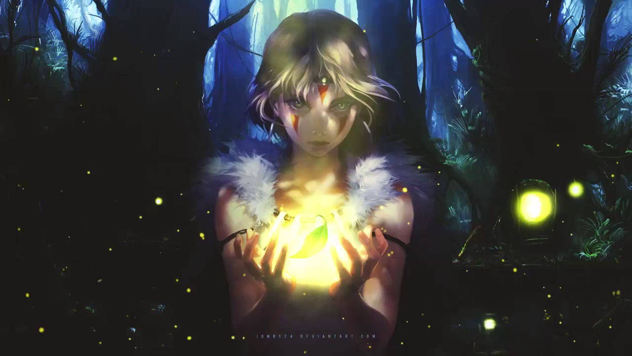 Princess Mononoke, white fur collar, radiant orb, HD Desktop Wallpaper