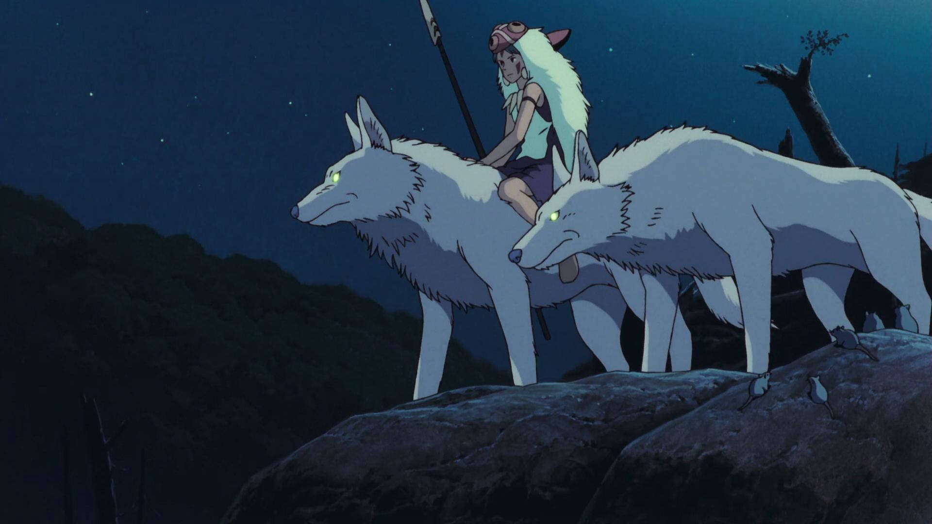 Princess Mononoke, wolf girl, glowing-eyed white wolves, Full HD Desktop Wallpaper