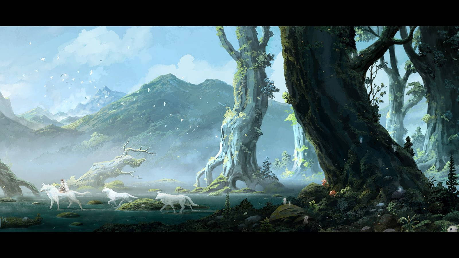 Princess Mononoke, white wolves, giant mossy trees, HD Desktop Wallpaper