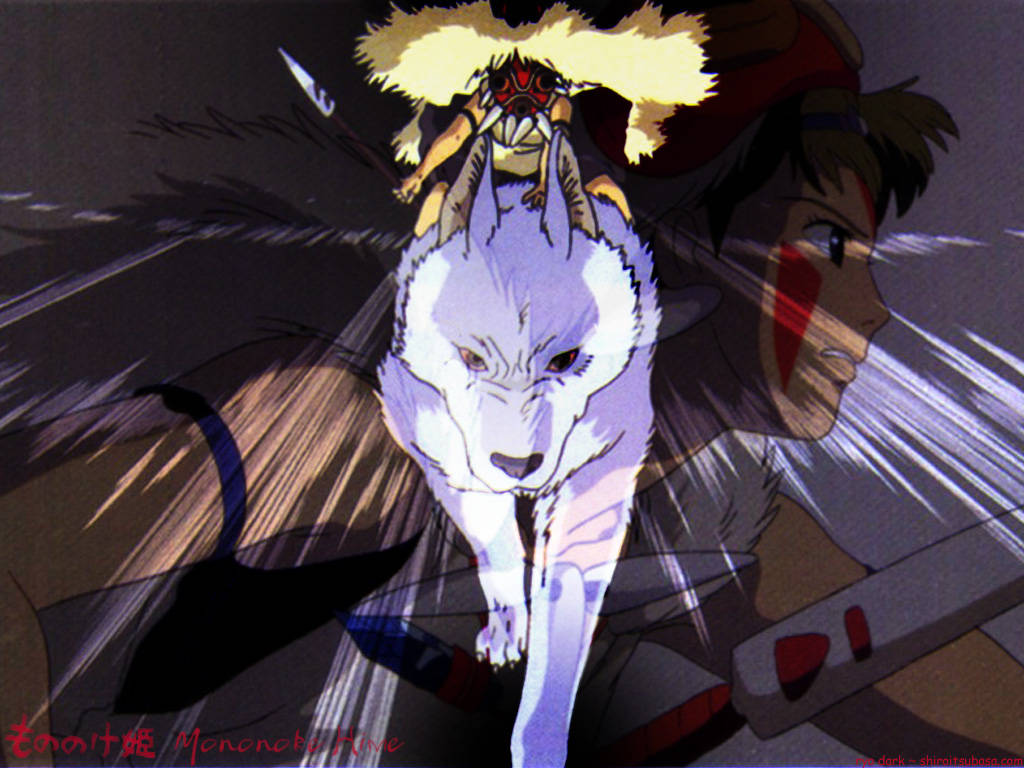 Princess Mononoke, warrior princess, white wolf, SD Desktop Wallpaper