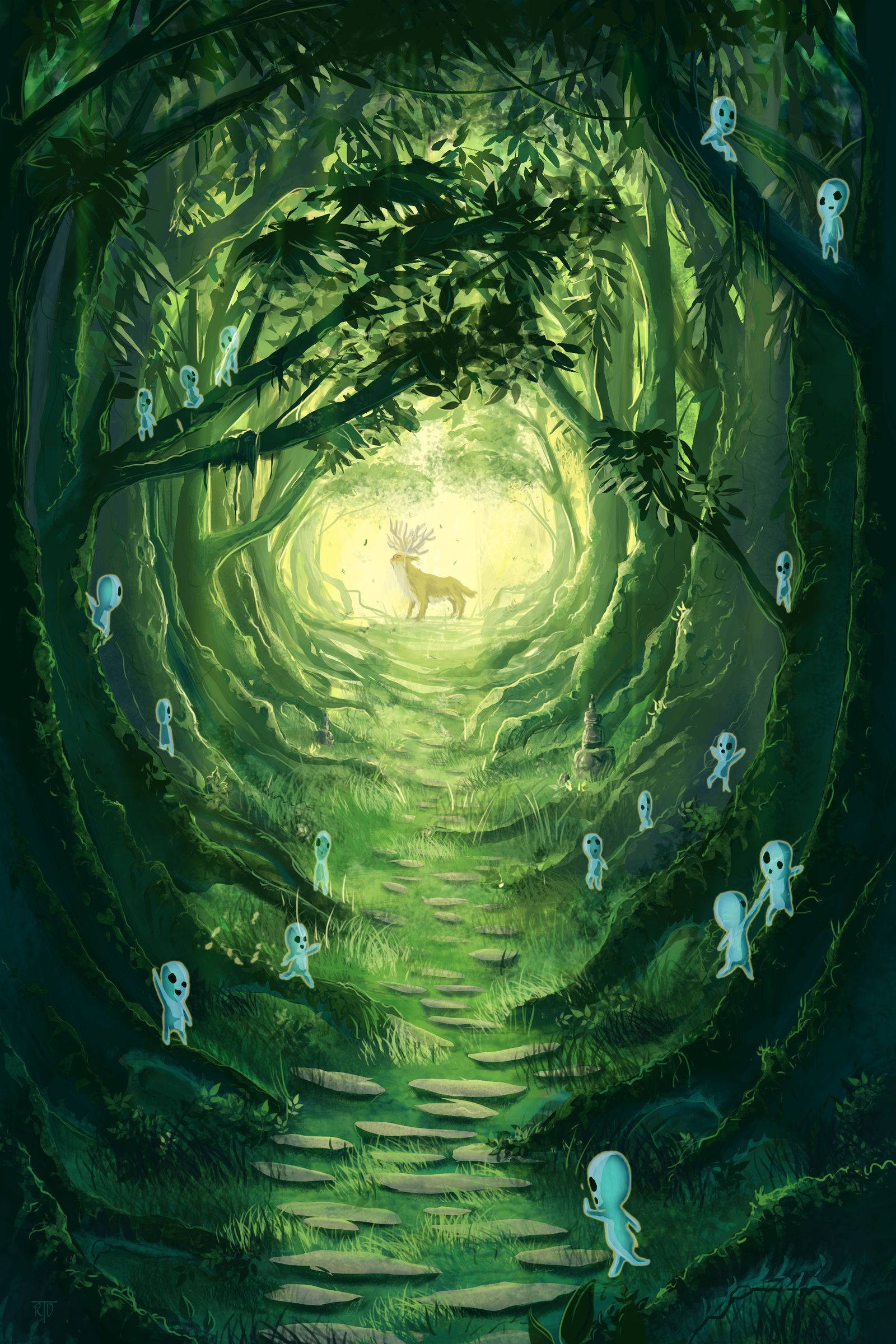 Princess Mononoke, forest spirit, glowing green light, Full HD Phone Wallpaper