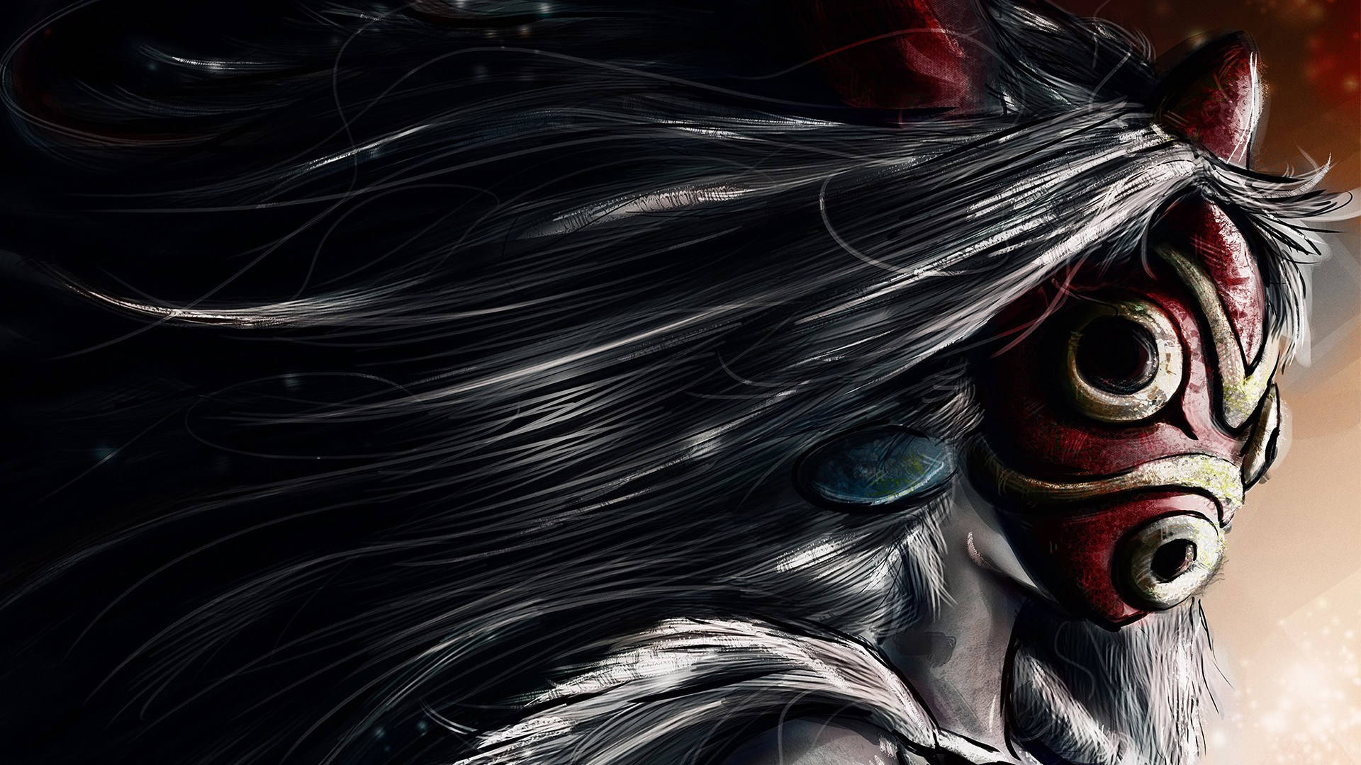 Princess Mononoke, red mask, flowing black hair, Full HD Desktop Wallpaper