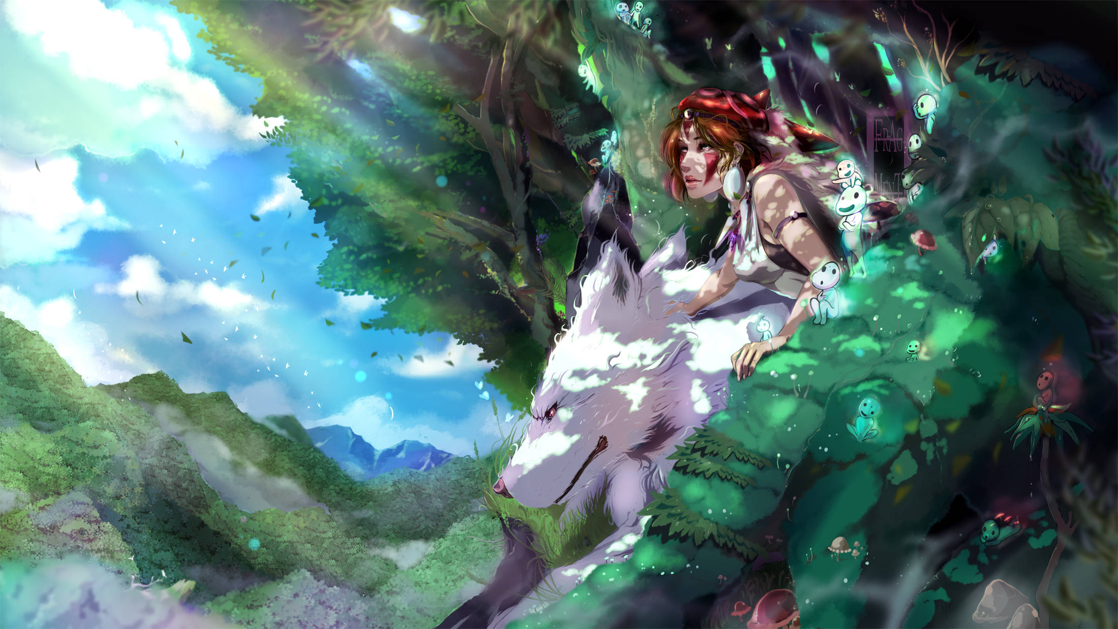 Princess Mononoke, red-haired girl, white wolf, Full HD Desktop Wallpaper