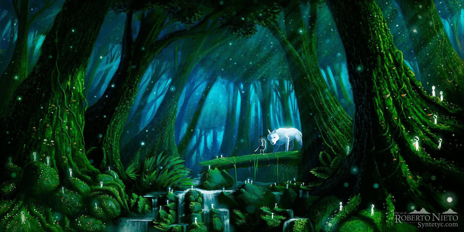 Princess Mononoke, glowing white wolf, mossy bridge, HD Desktop Wallpaper