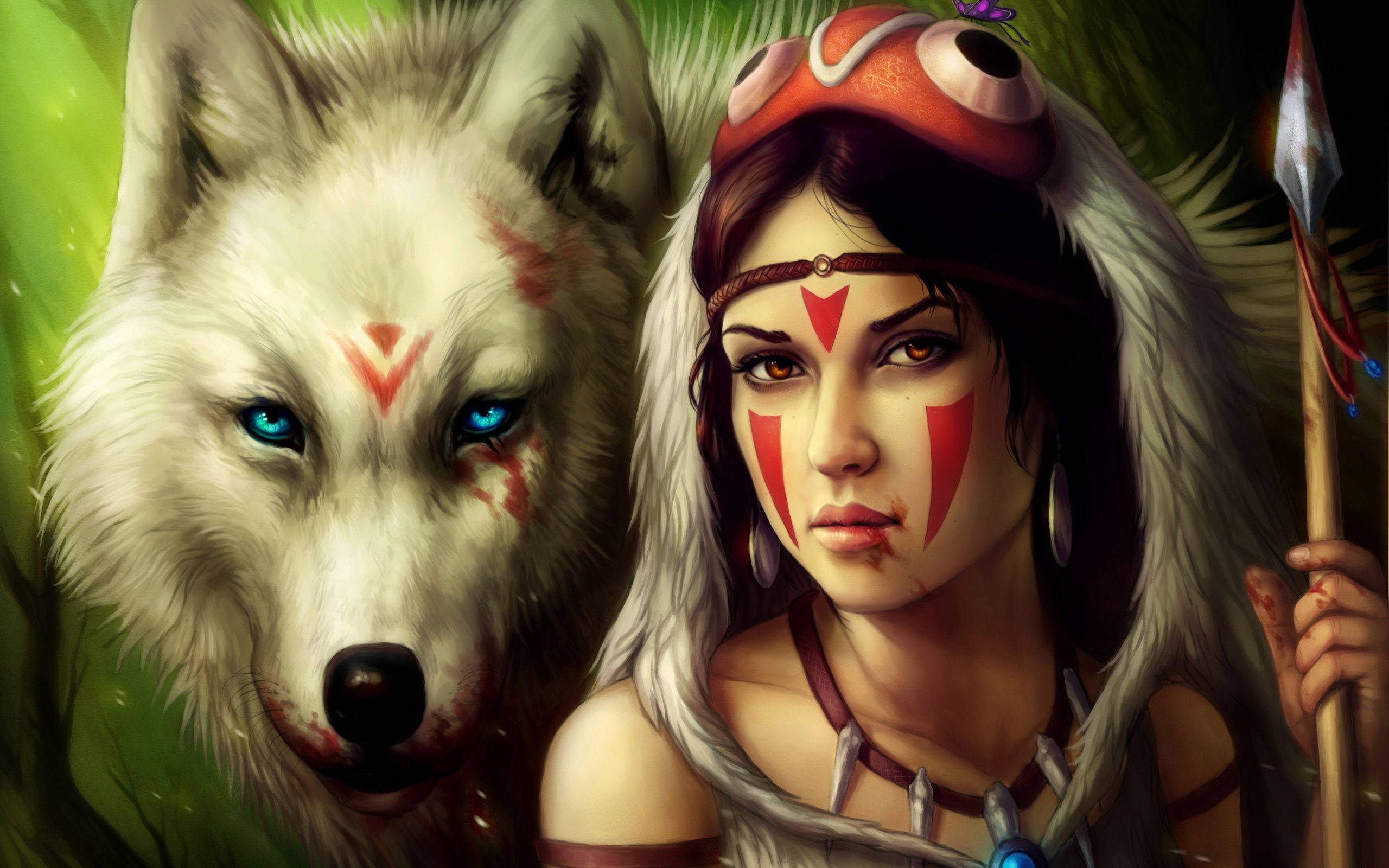 Princess Mononoke, red face paint, white wolf, 2K Desktop Wallpaper