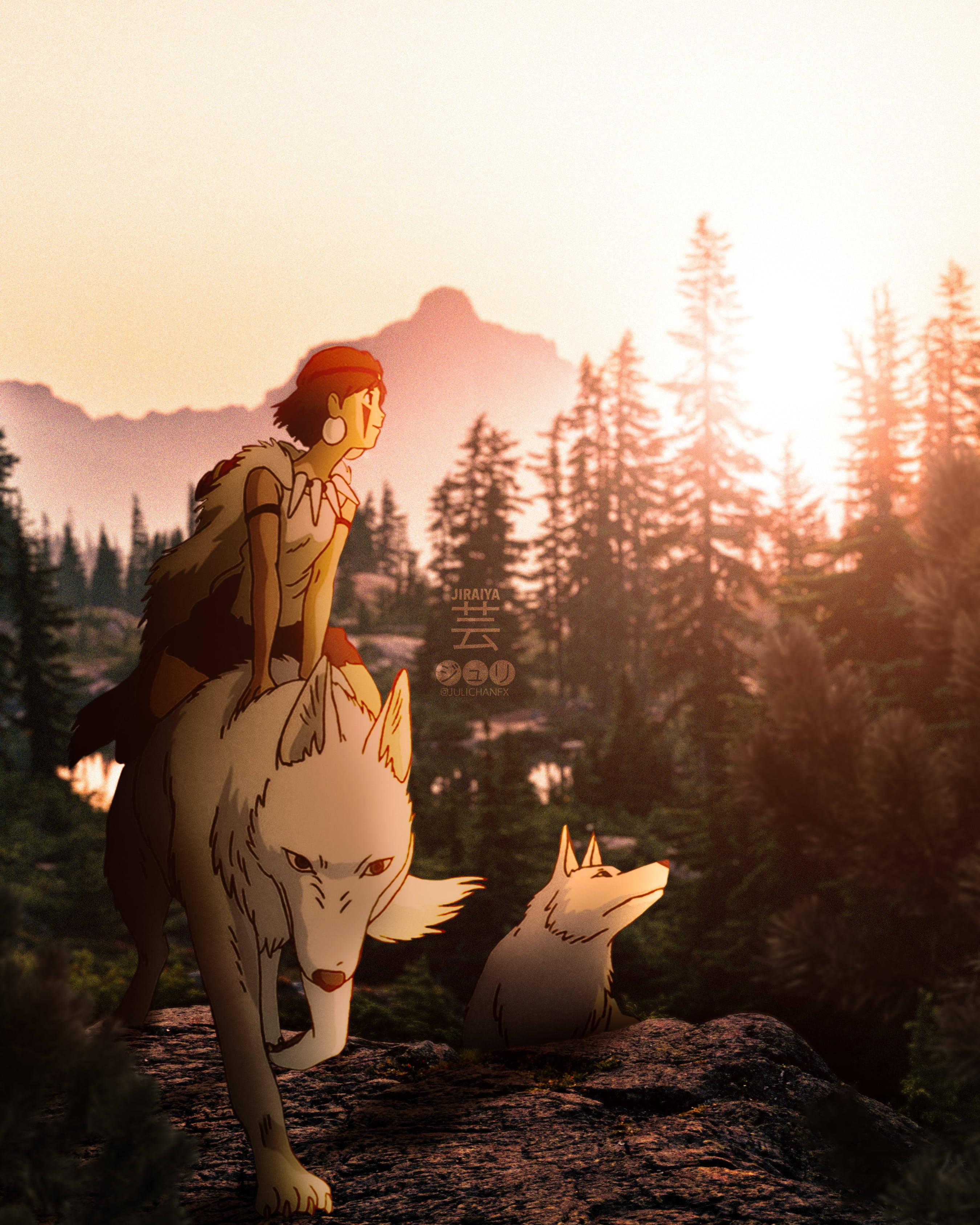 Princess Mononoke, young warrior, white wolf, 2K Phone Wallpaper