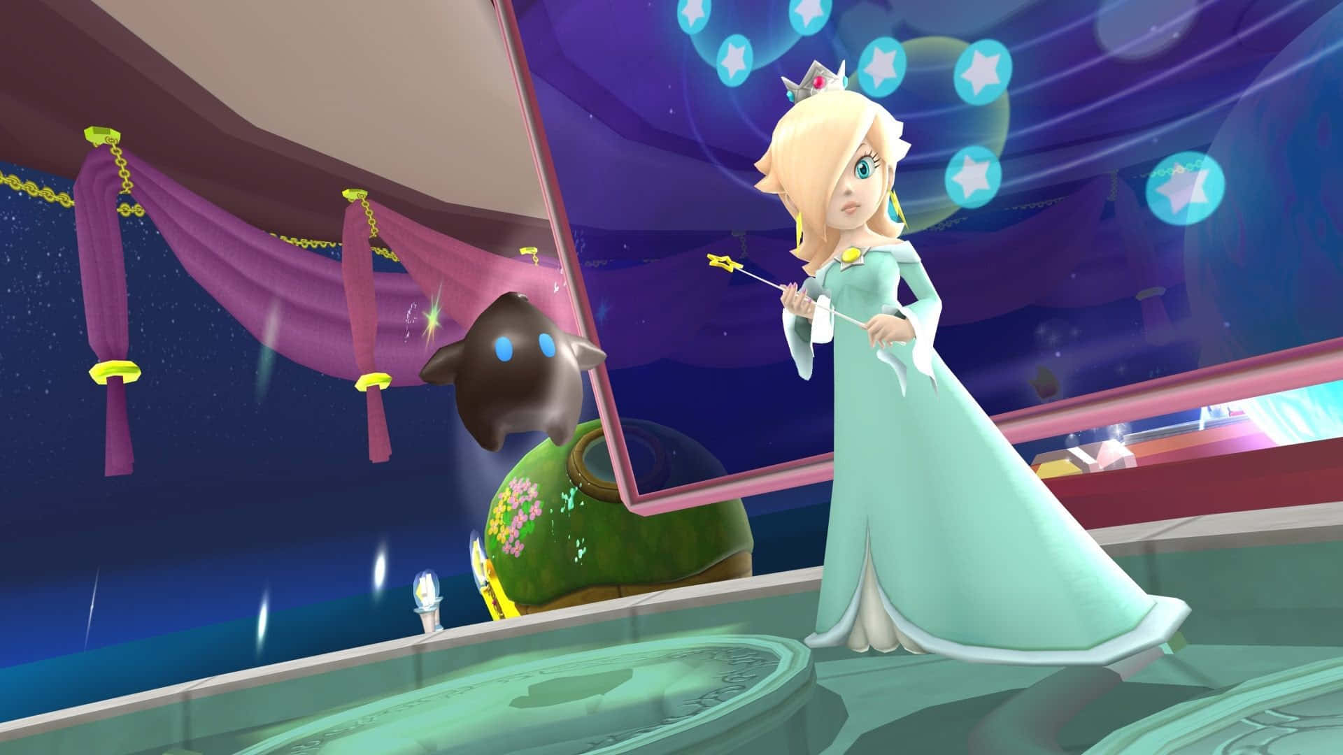 Princess Rosalina, teal gown, wand, Full HD Desktop Wallpaper