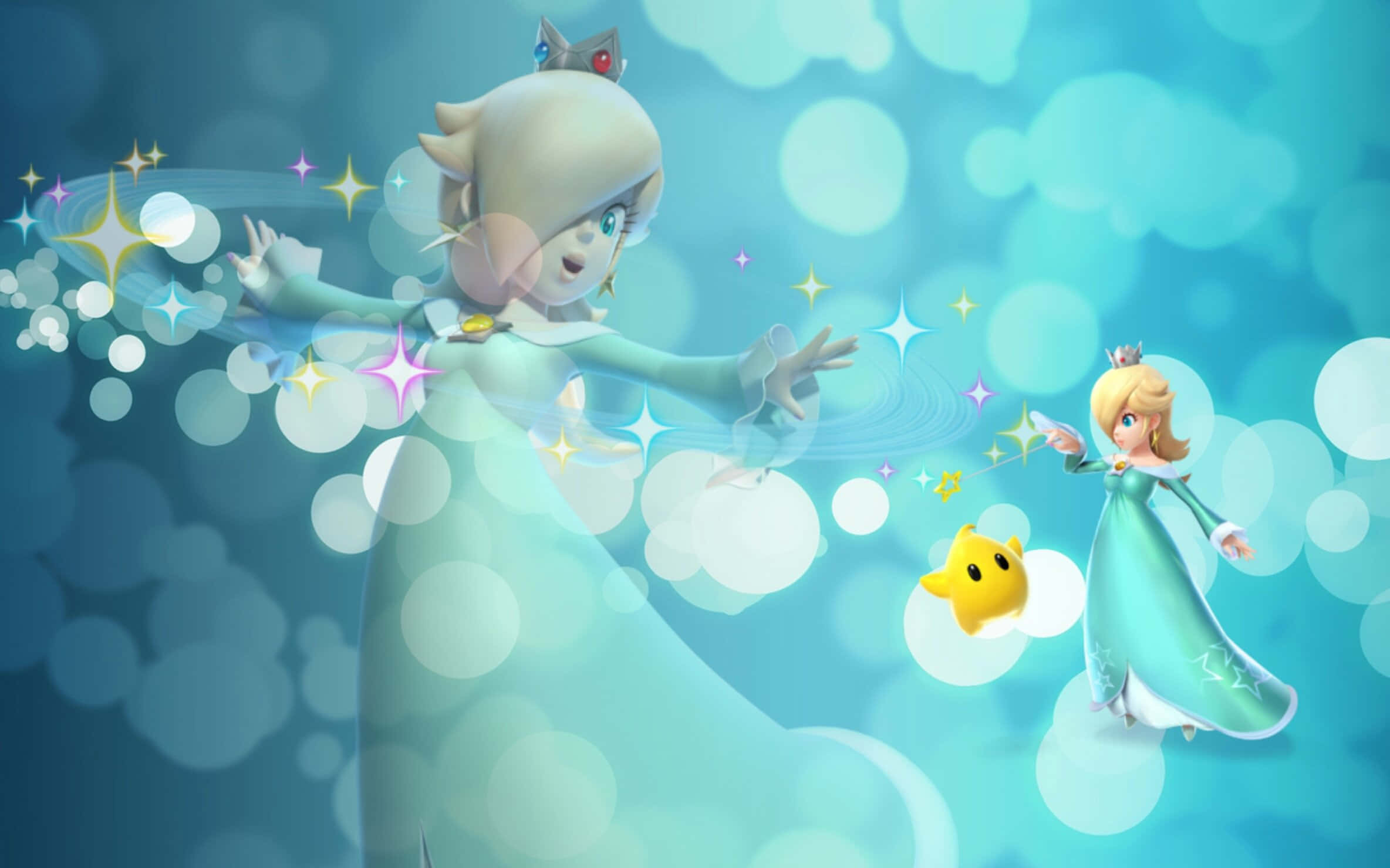 Princess Rosalina, teal gowns, glowing stars, Full HD Desktop Wallpaper
