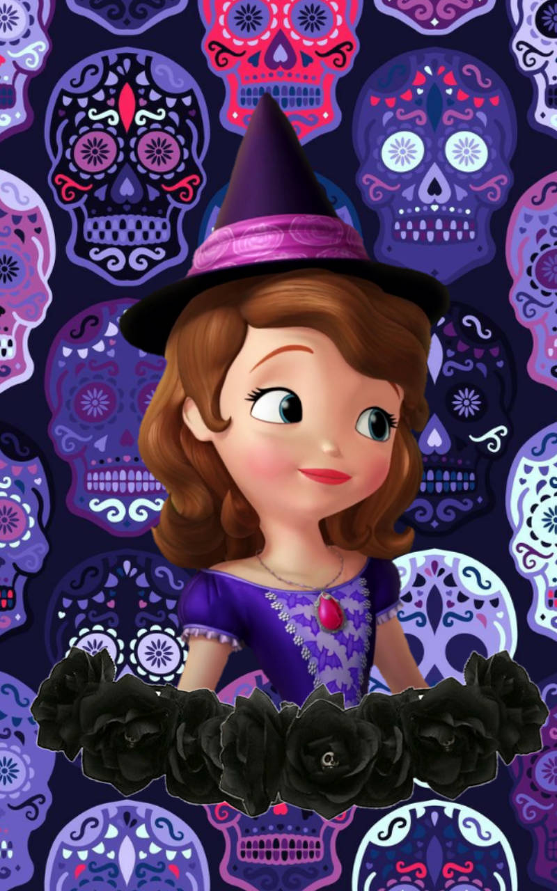 Princess Sofia, purple witch hat, Day of the Dead skull pattern, HD Phone Wallpaper