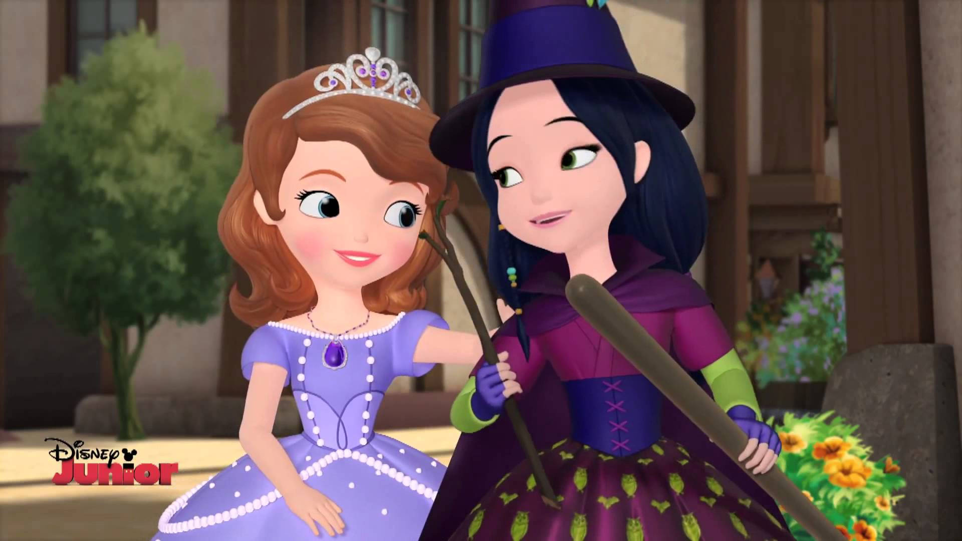 Princess Sofia, witch in purple hat, broomstick, Full HD Desktop Wallpaper