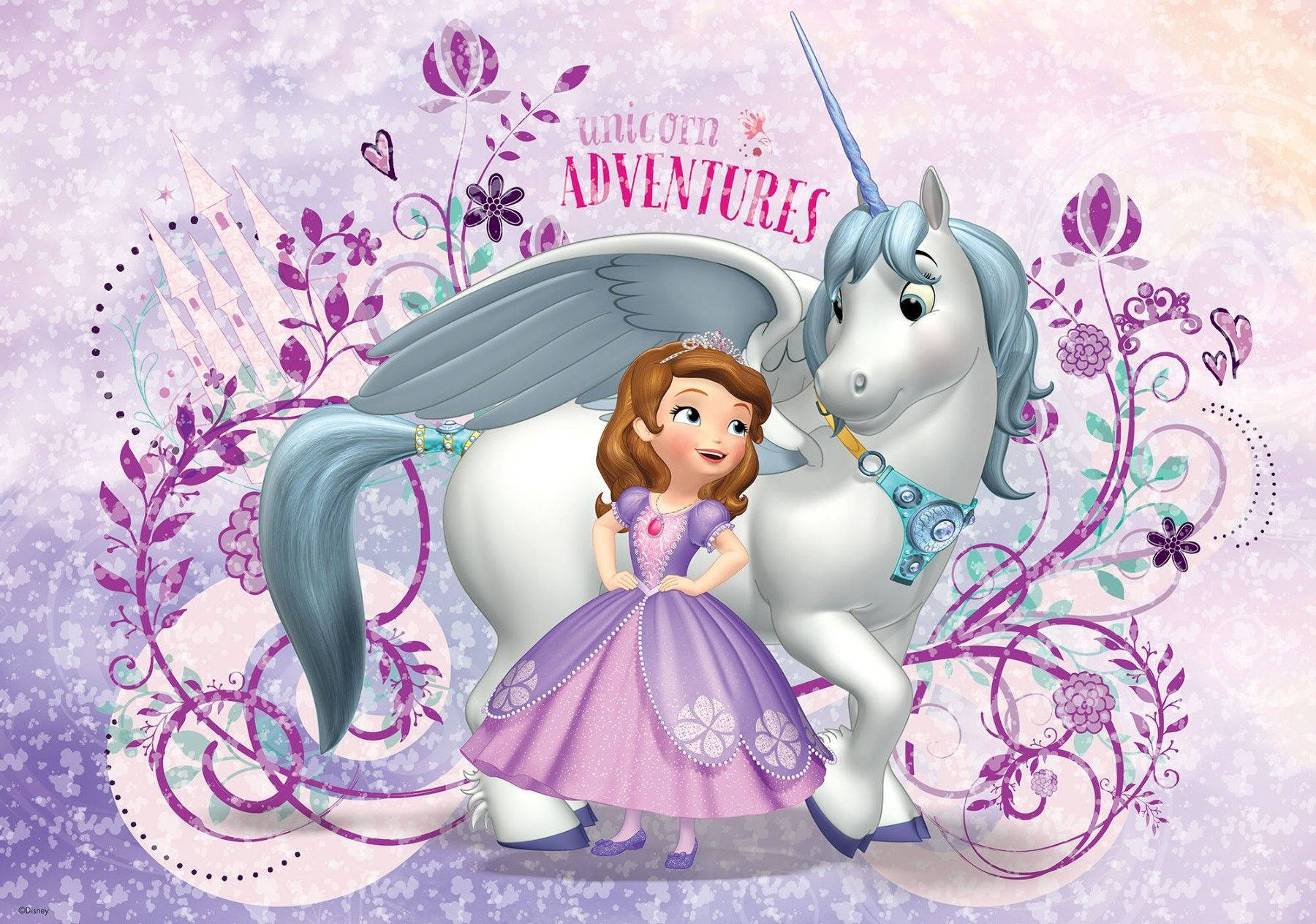 Princess Sofia, fairy unicorn, purple floral swirls, HD Desktop Wallpaper
