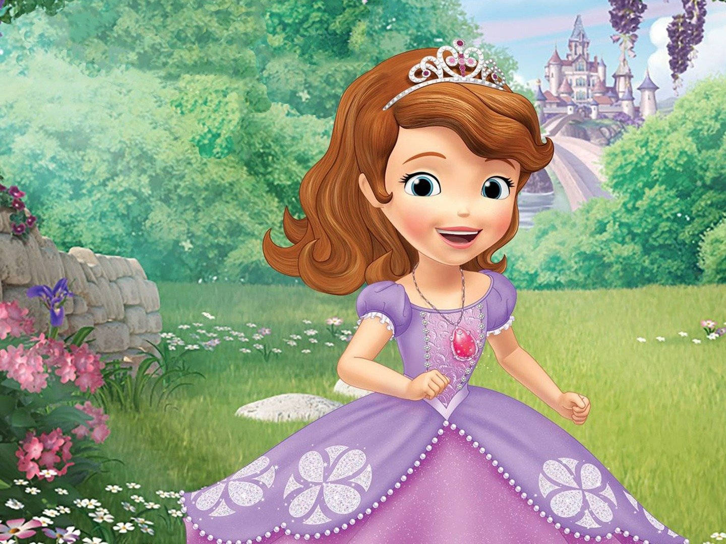 Princess Sofia, purple gown, sunlit garden, HD Desktop Wallpaper