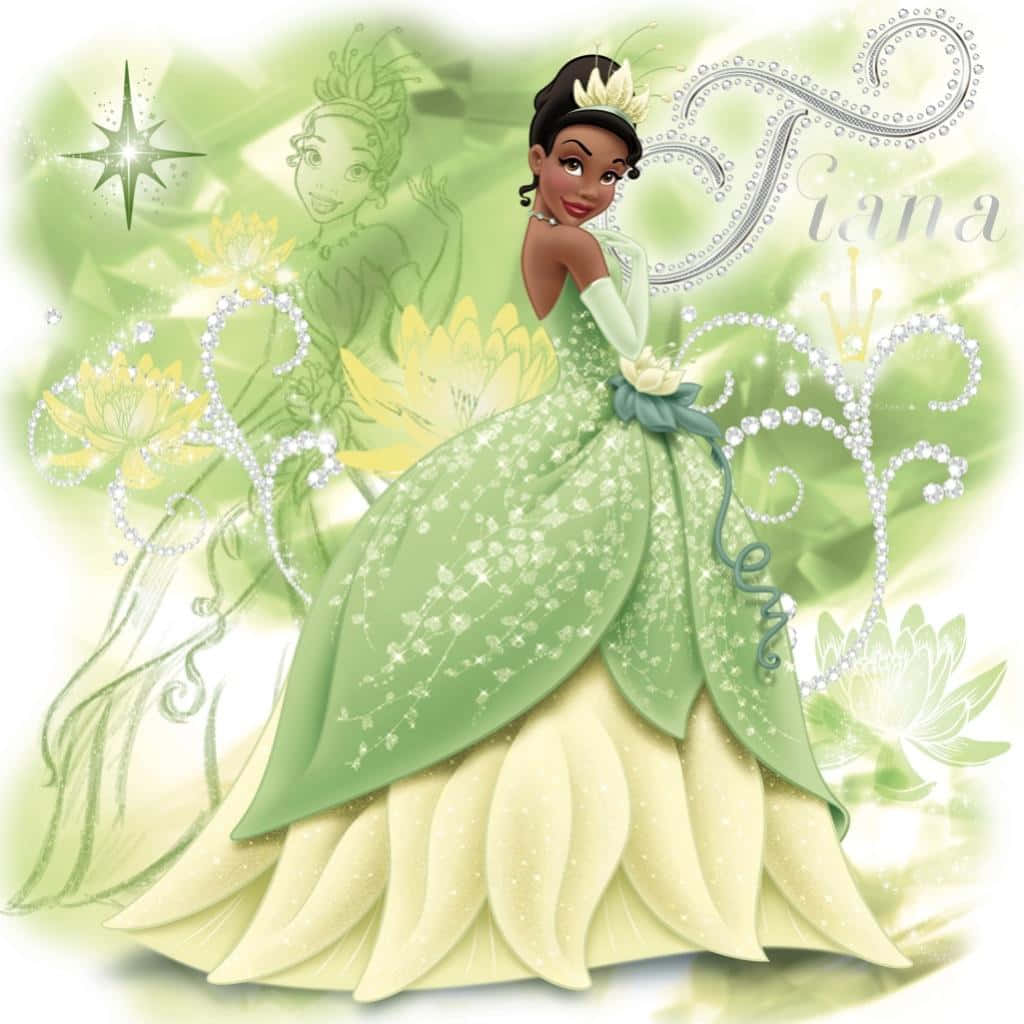 Princess Tiana, green and cream gown, glowing lotus flowers, SD Desktop Wallpaper