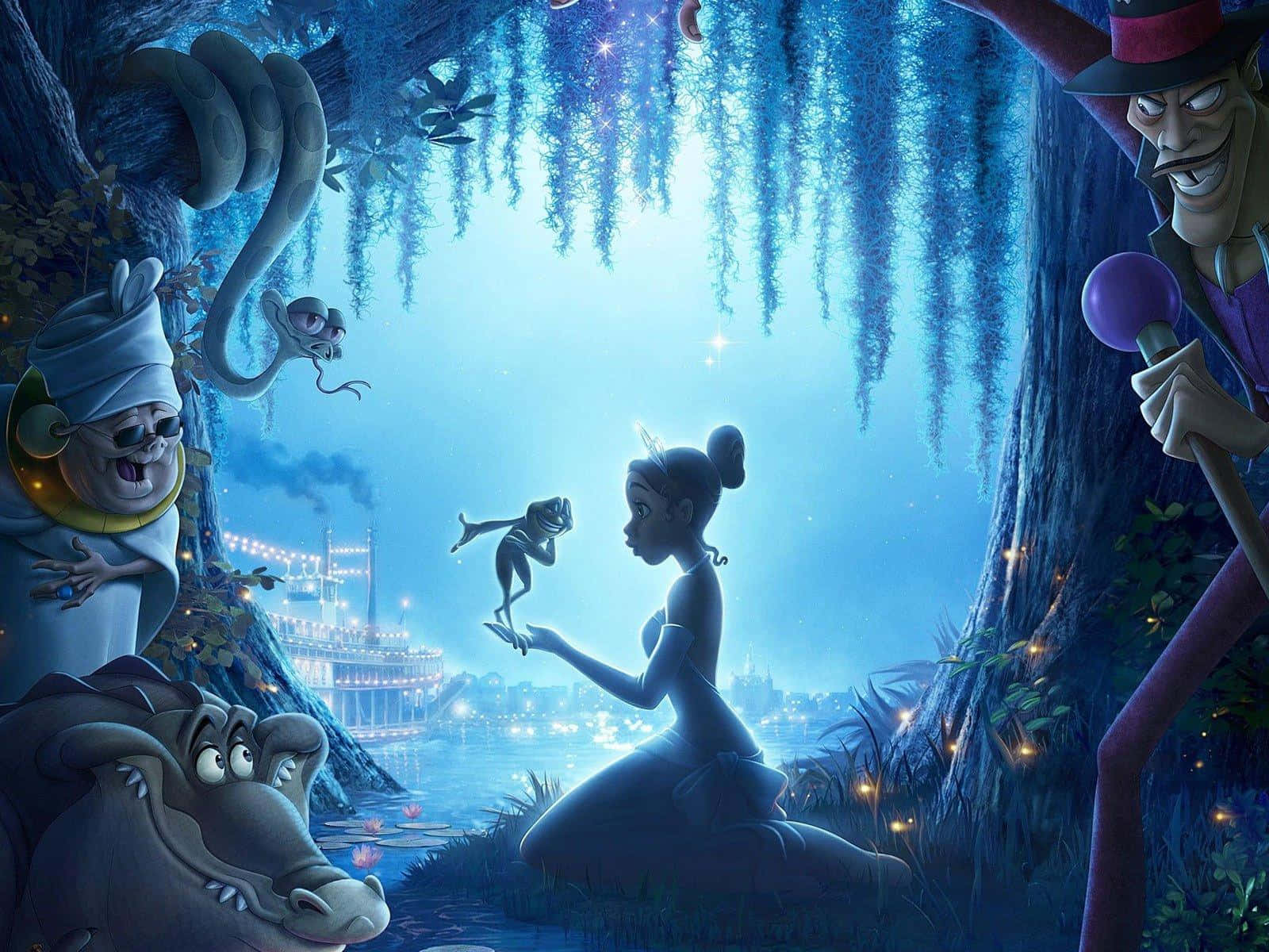 Princess Tiana, green gown, glowing swamp, HD Desktop Wallpaper