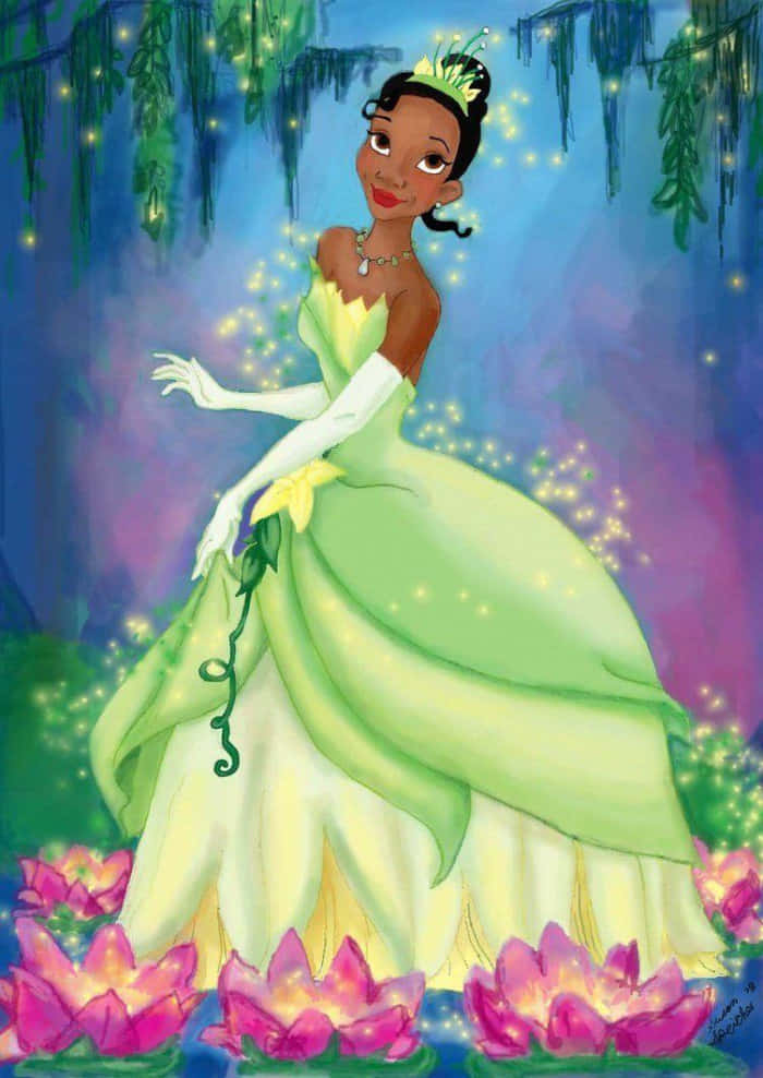 Princess Tiana, green gown, glowing pink lotuses, SD Phone Wallpaper
