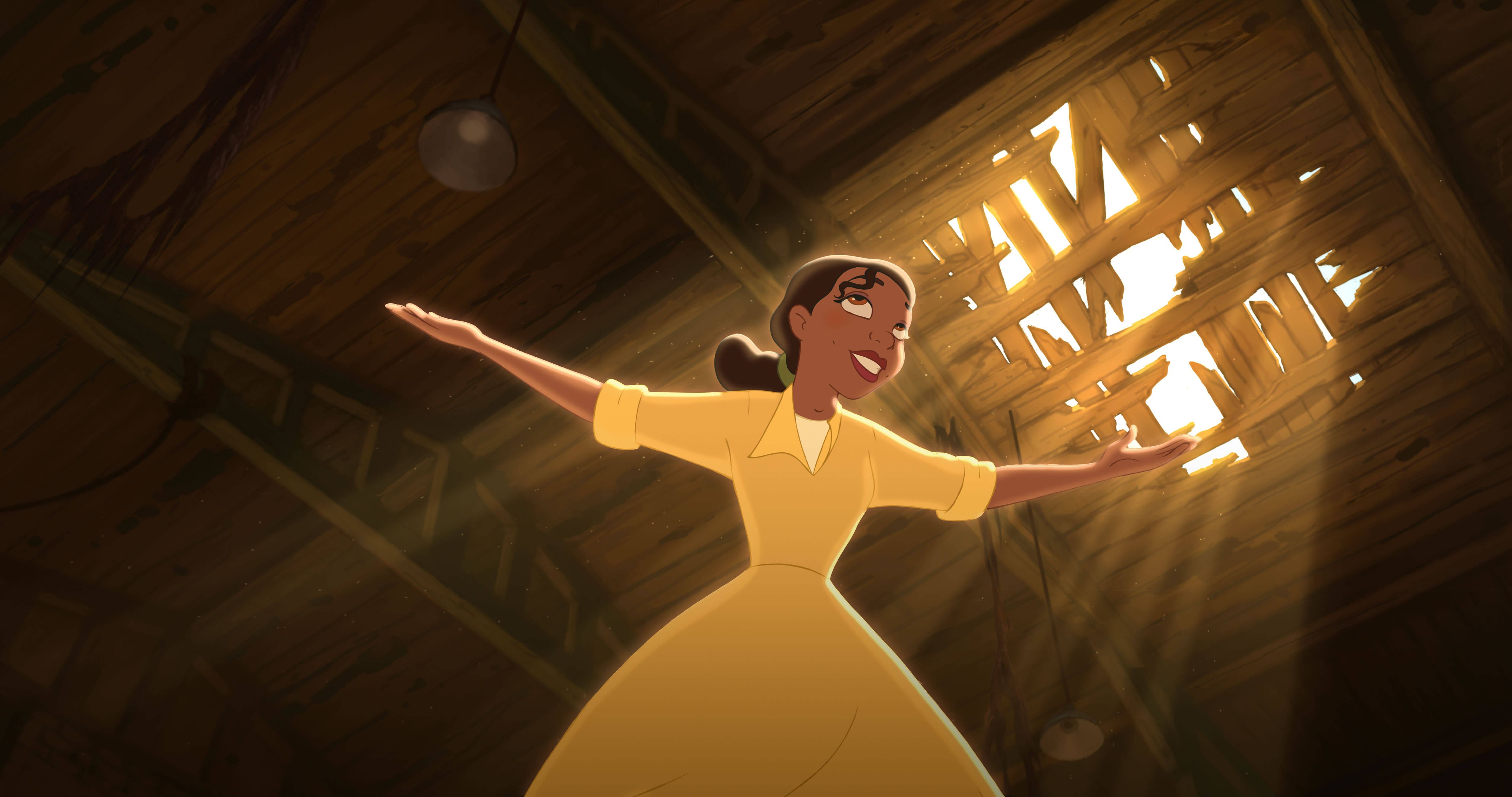 Princess Tiana, yellow dress, rustic wooden attic, 4K Desktop Wallpaper