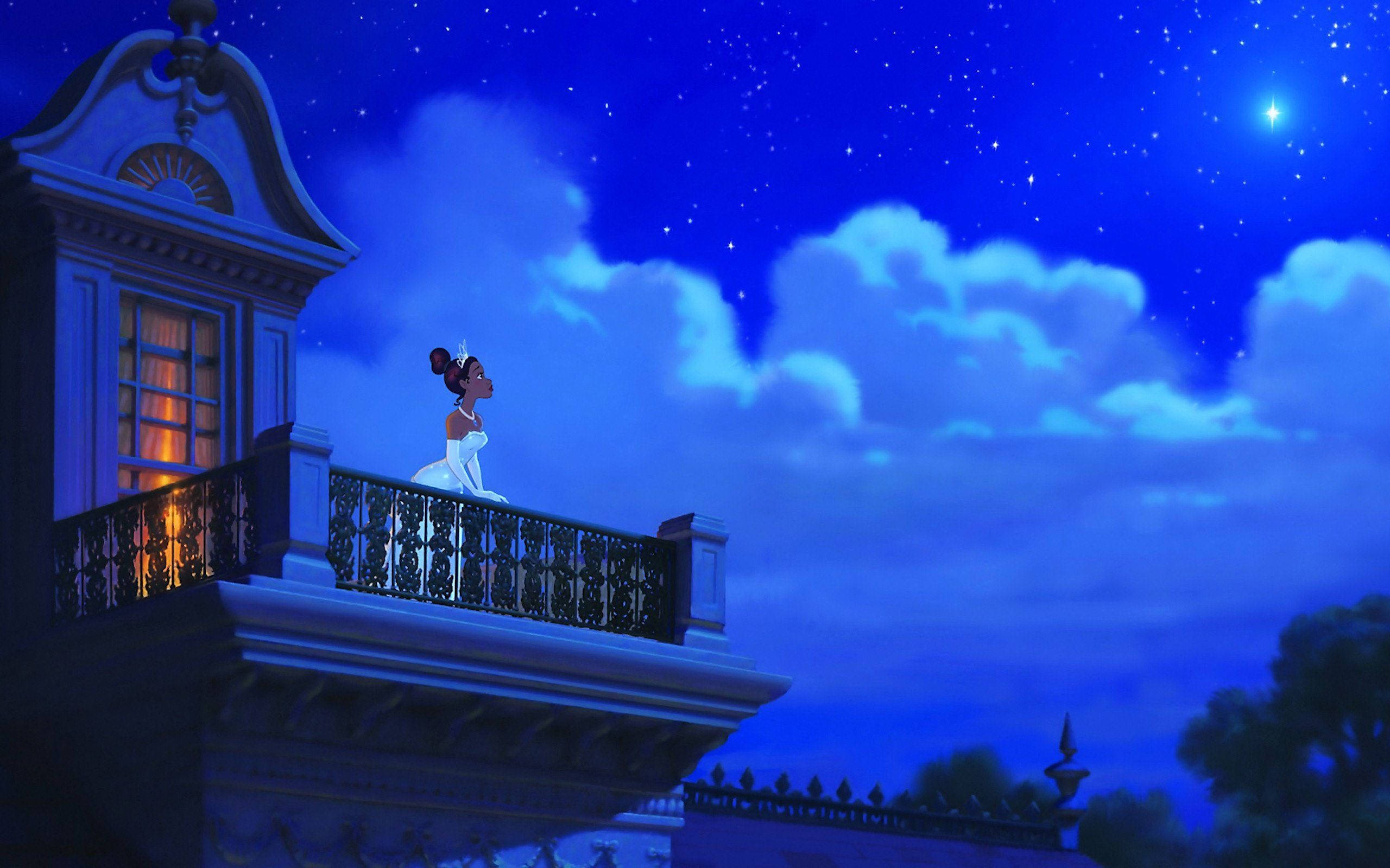 Princess Tiana, white gown, ornate balcony, 2K Desktop Wallpaper