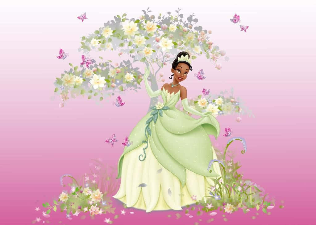 Princess Tiana, green gown, blossoming tree, SD Desktop Wallpaper