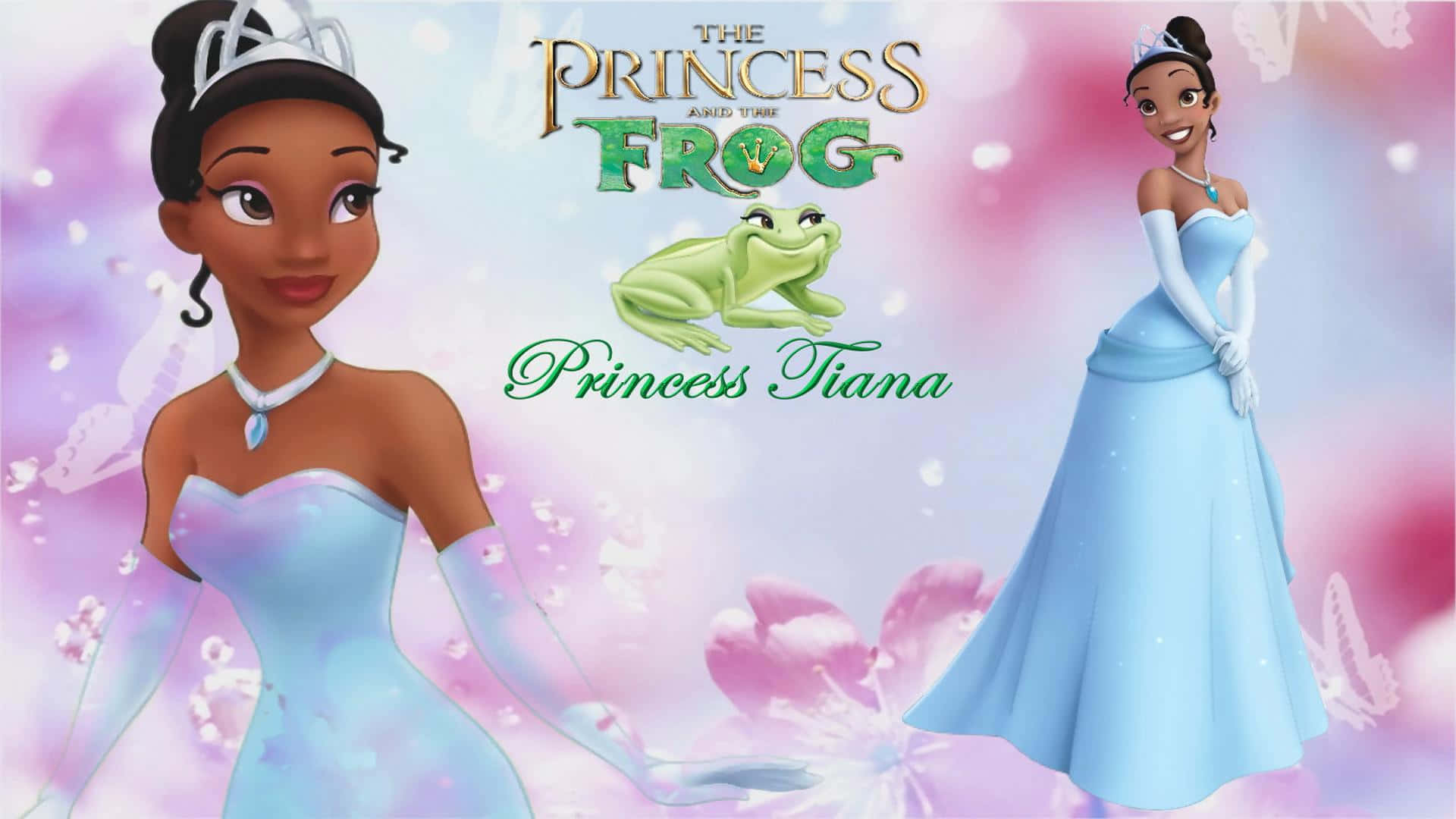 Princess Tiana, light blue gown, green frog, Full HD Desktop Wallpaper
