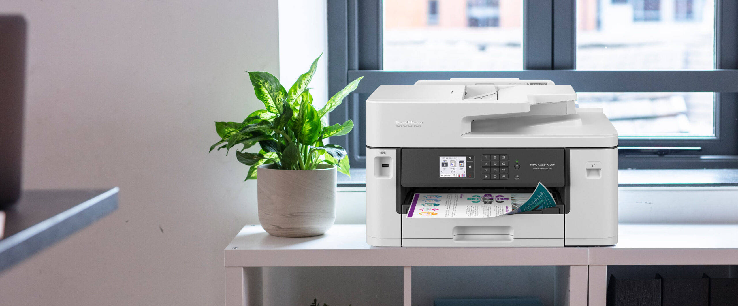 white multifunction printer, windowsill, potted green plant, 2K Desktop Wallpaper