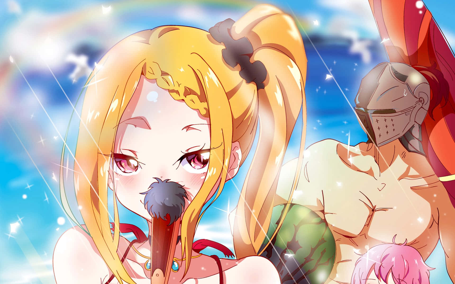 Priscilla Barielle, golden pigtails, pink eyes, Full HD Desktop Wallpaper
