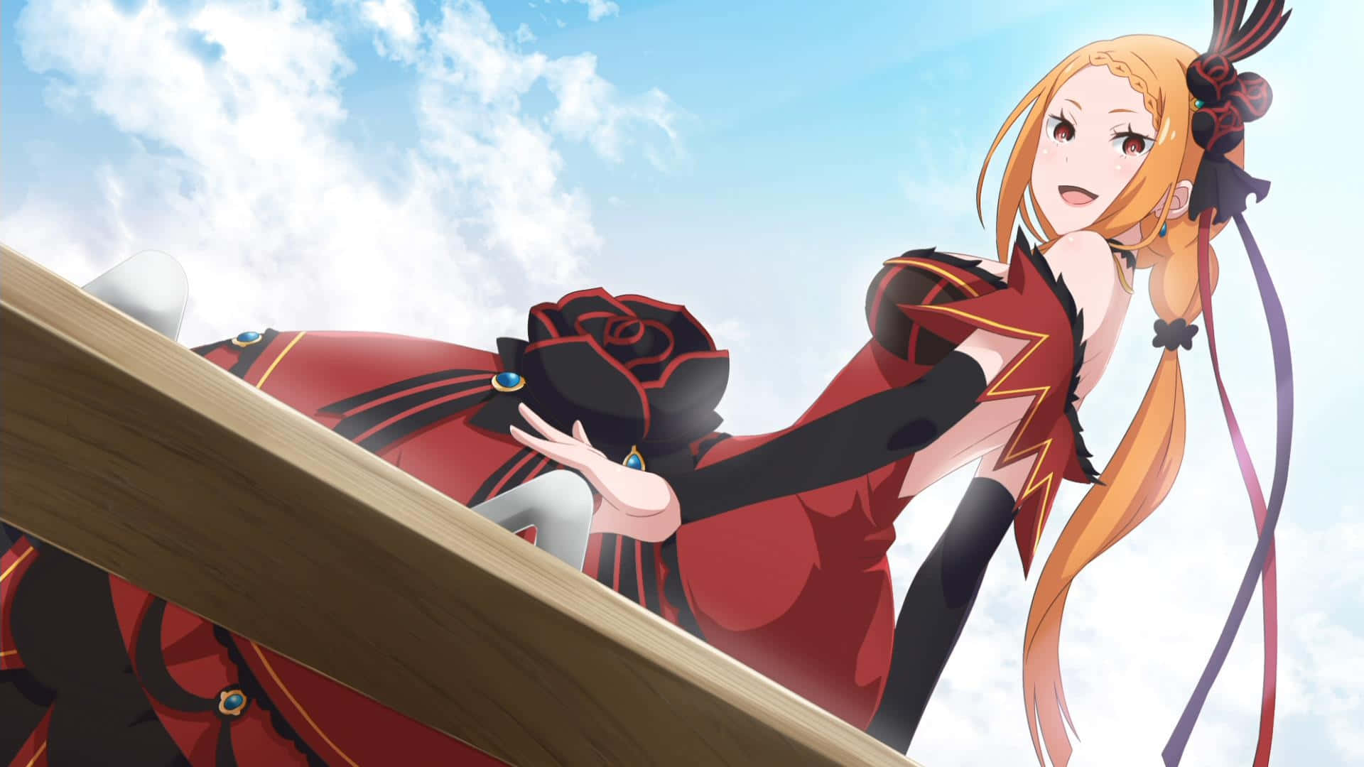 Priscilla Barielle, orange hair, red dress, Full HD Desktop Wallpaper