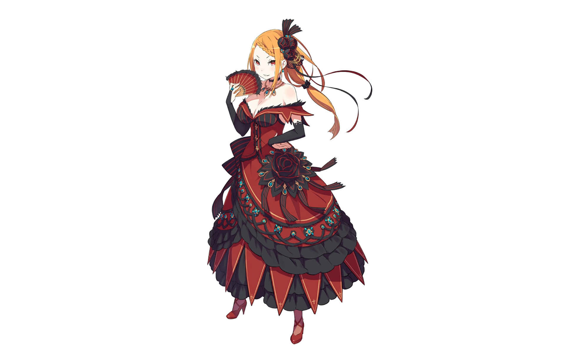 Priscilla Barielle, orange hair, red and black Victorian dress, Full HD Desktop Wallpaper