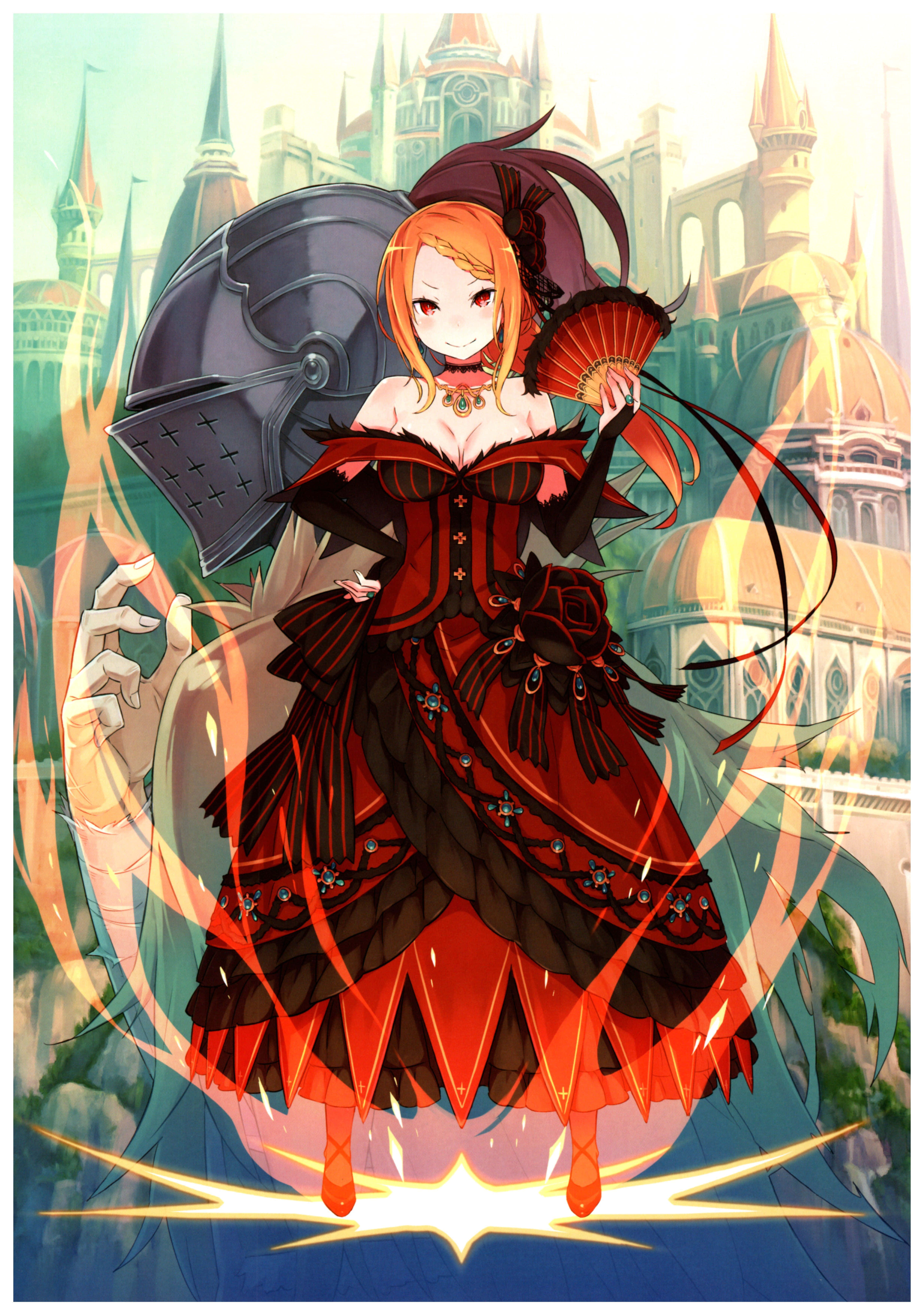 Priscilla Barielle, red gothic dress, fan, 5K Phone Wallpaper