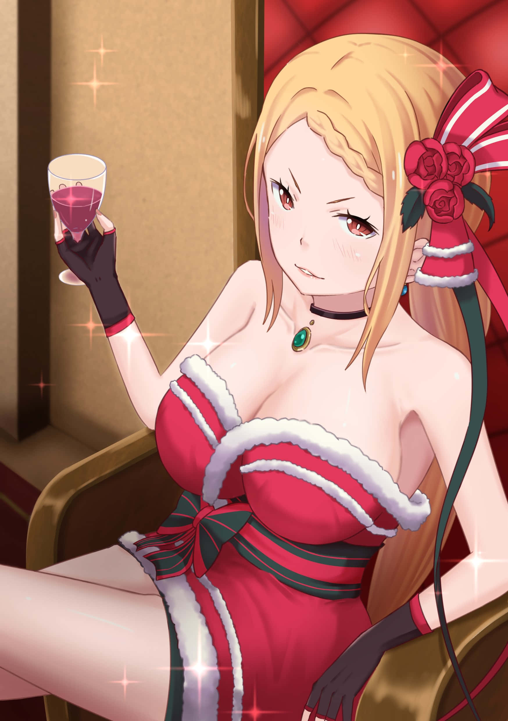 Priscilla Barielle, festive red Santa dress, glass of wine, Full HD Phone Wallpaper