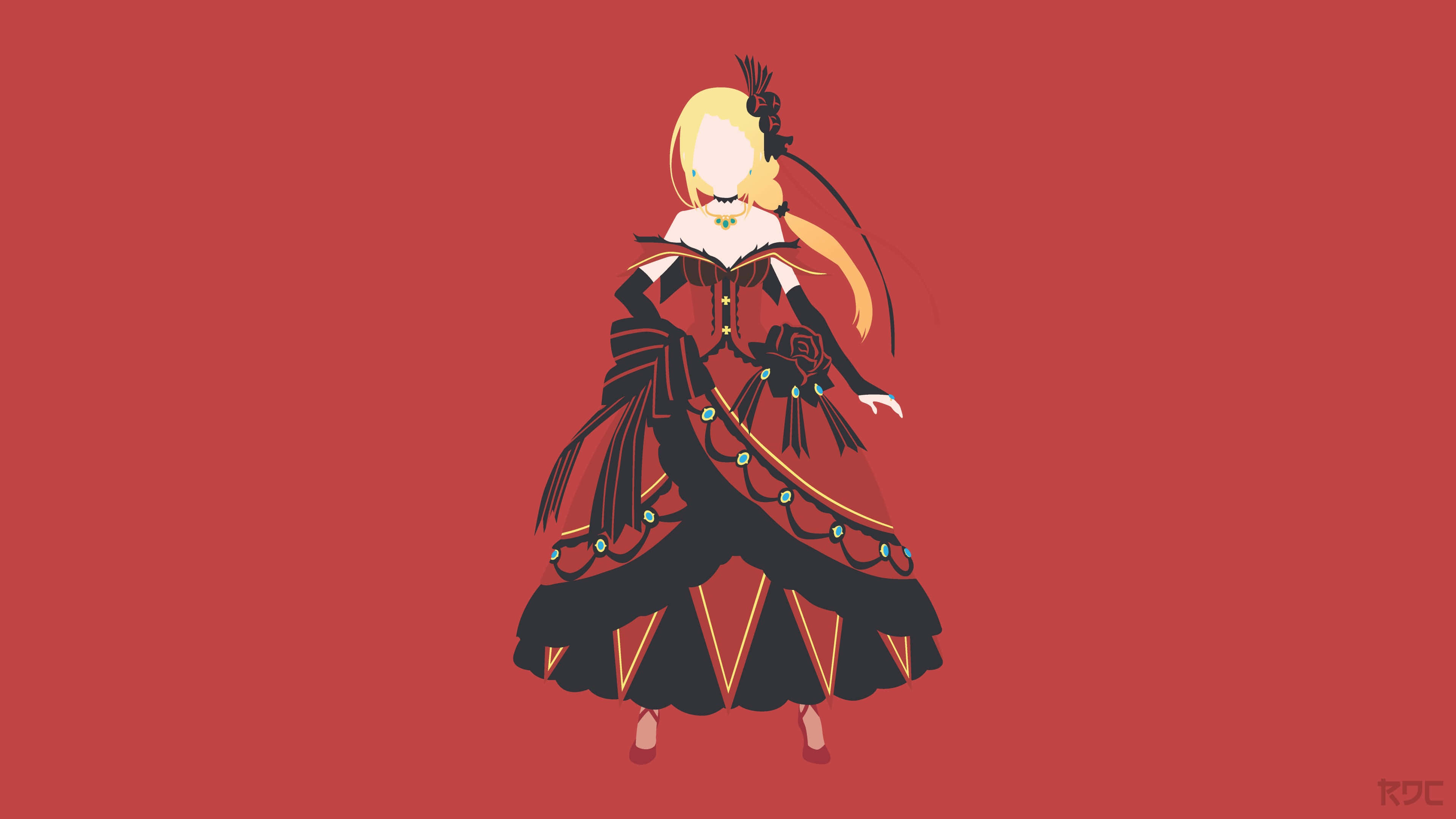 Priscilla Barielle, black and red Victorian dress, gold accents, 4K Desktop Wallpaper