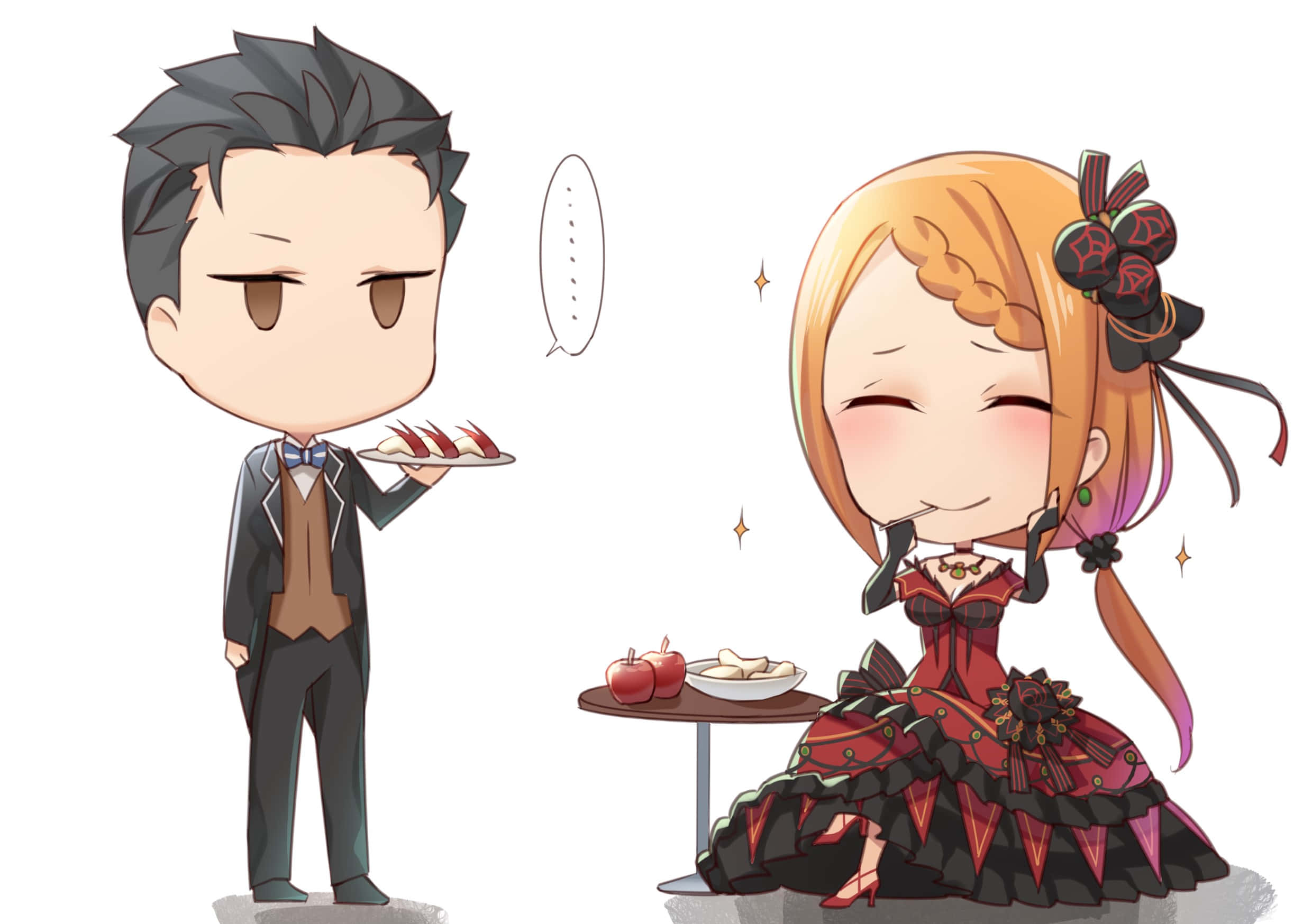 Priscilla Barielle, chibi anime couple, man in a suit, Full HD Desktop Wallpaper