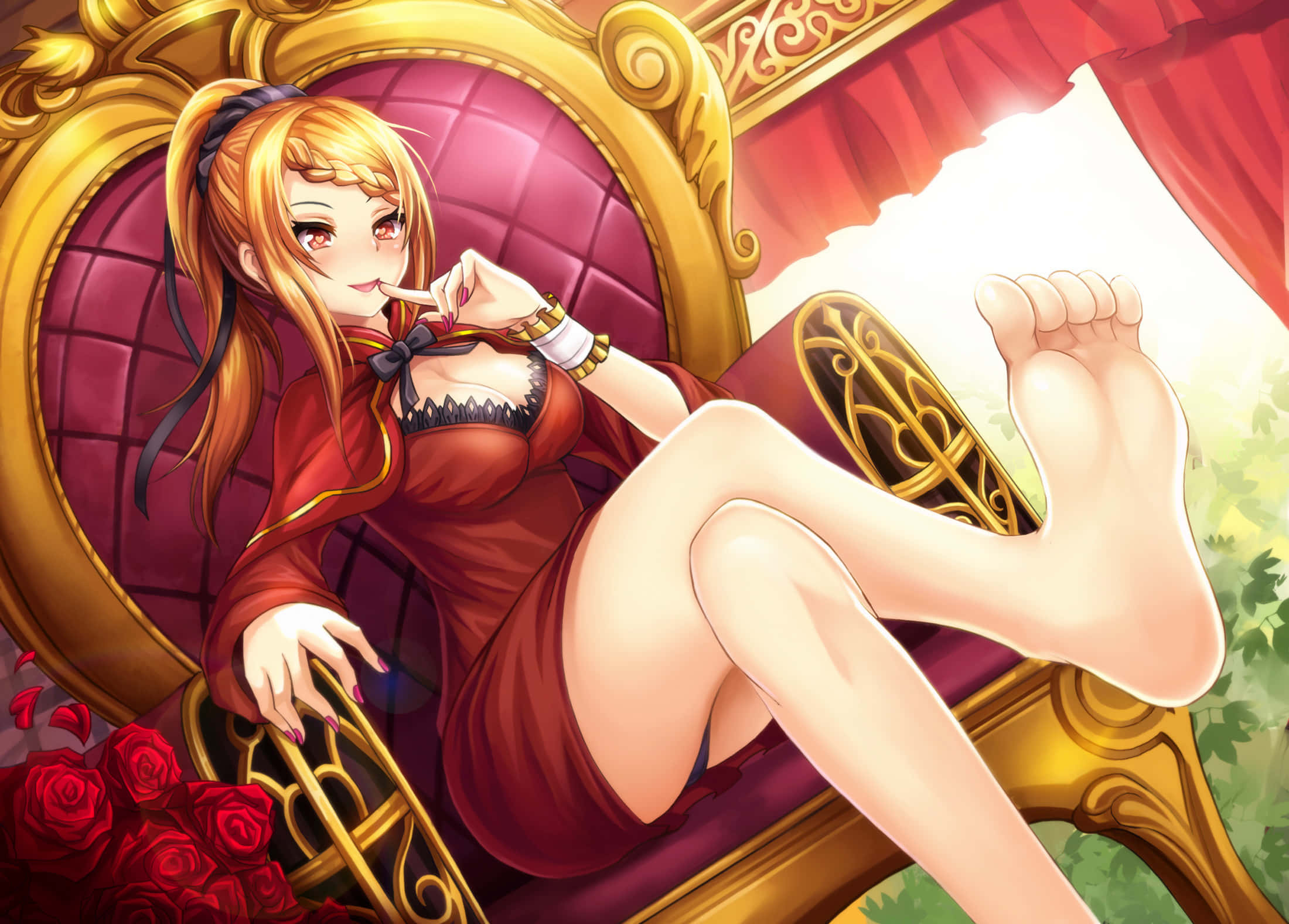 Priscilla Barielle, red dress, gilded throne, Full HD Desktop Wallpaper
