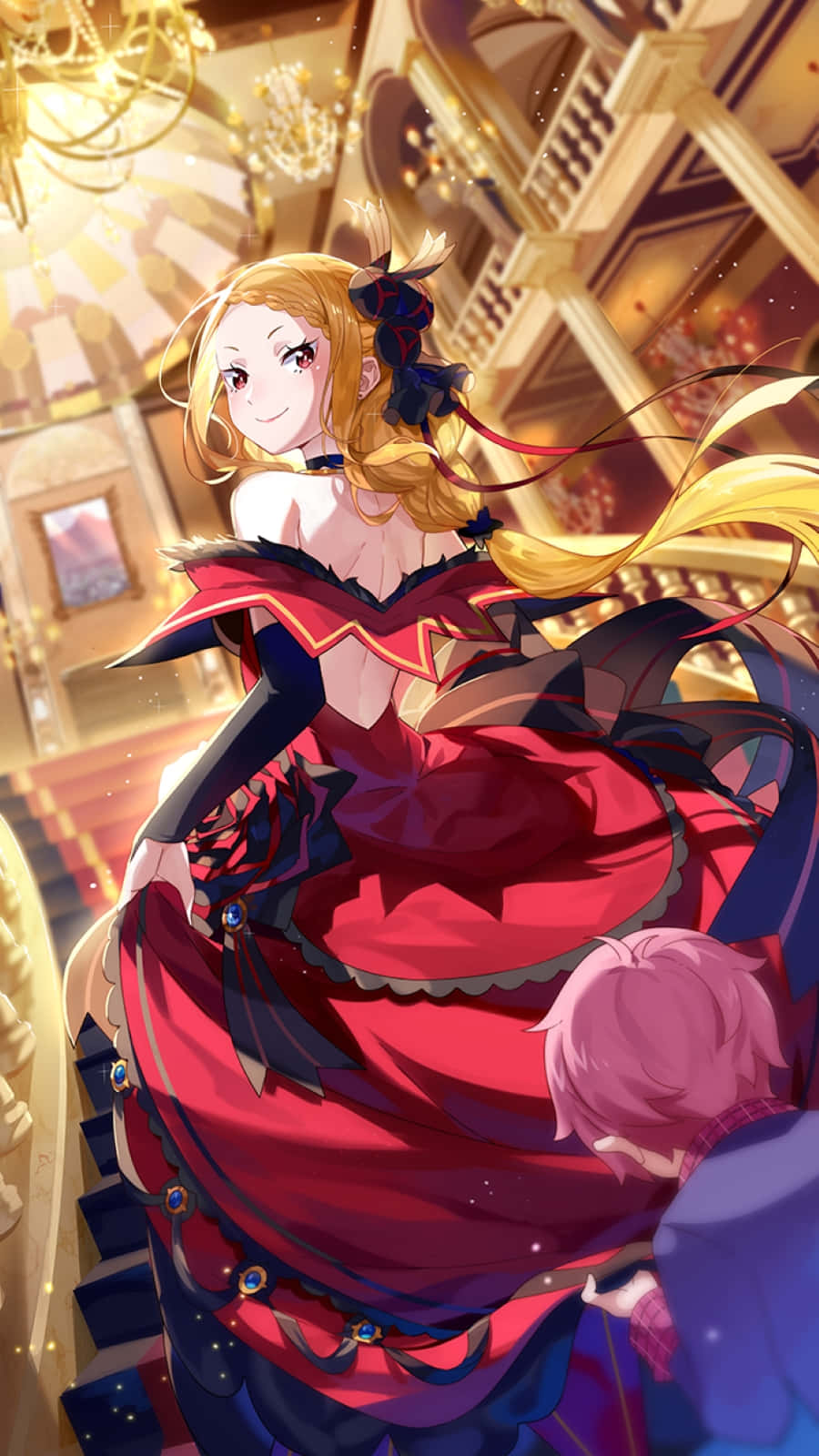 Priscilla Barielle, red and black gown, grand golden hall, HD Phone Wallpaper