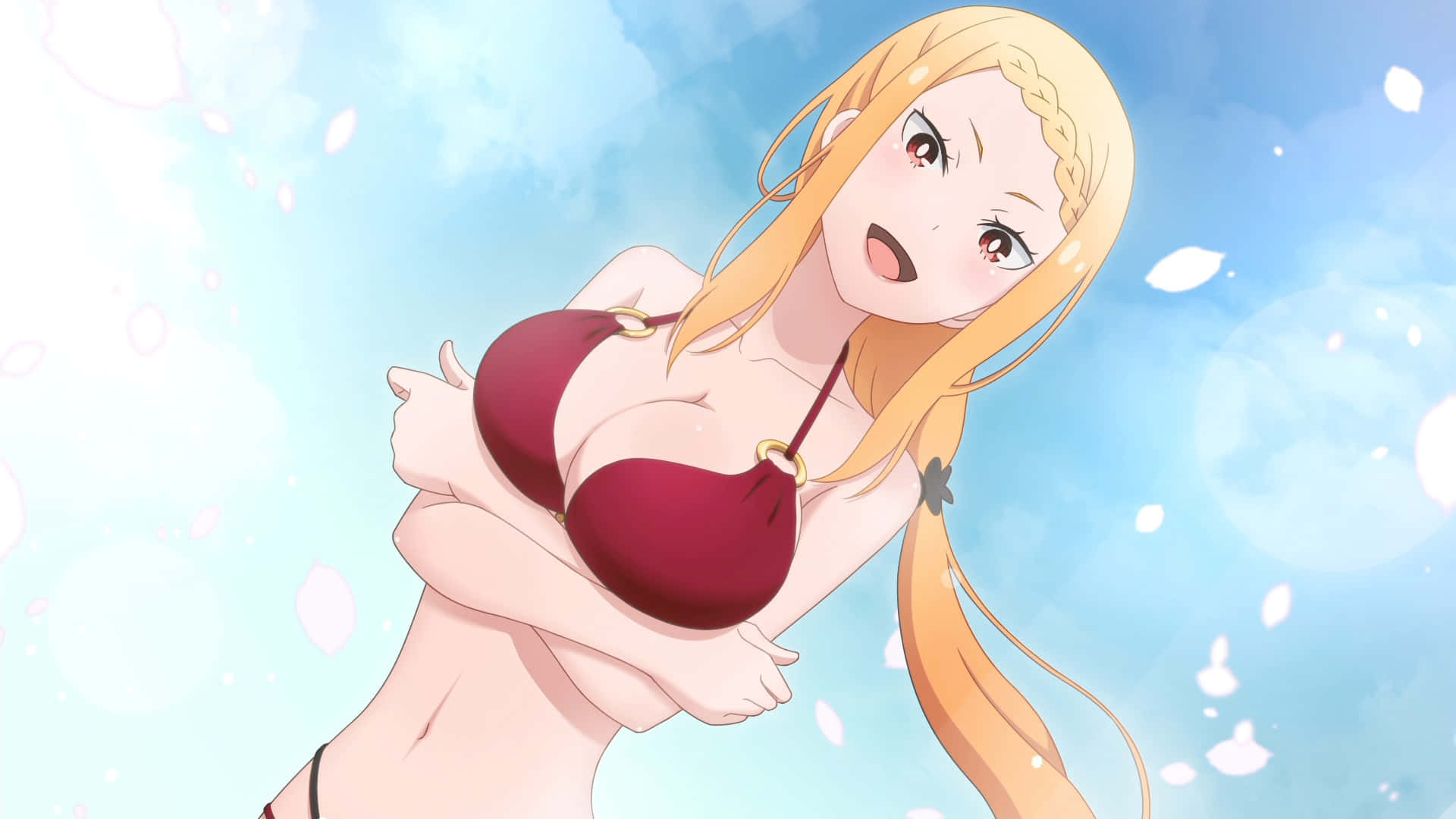 Priscilla Barielle, blonde hair, red bikini, Full HD Desktop Wallpaper