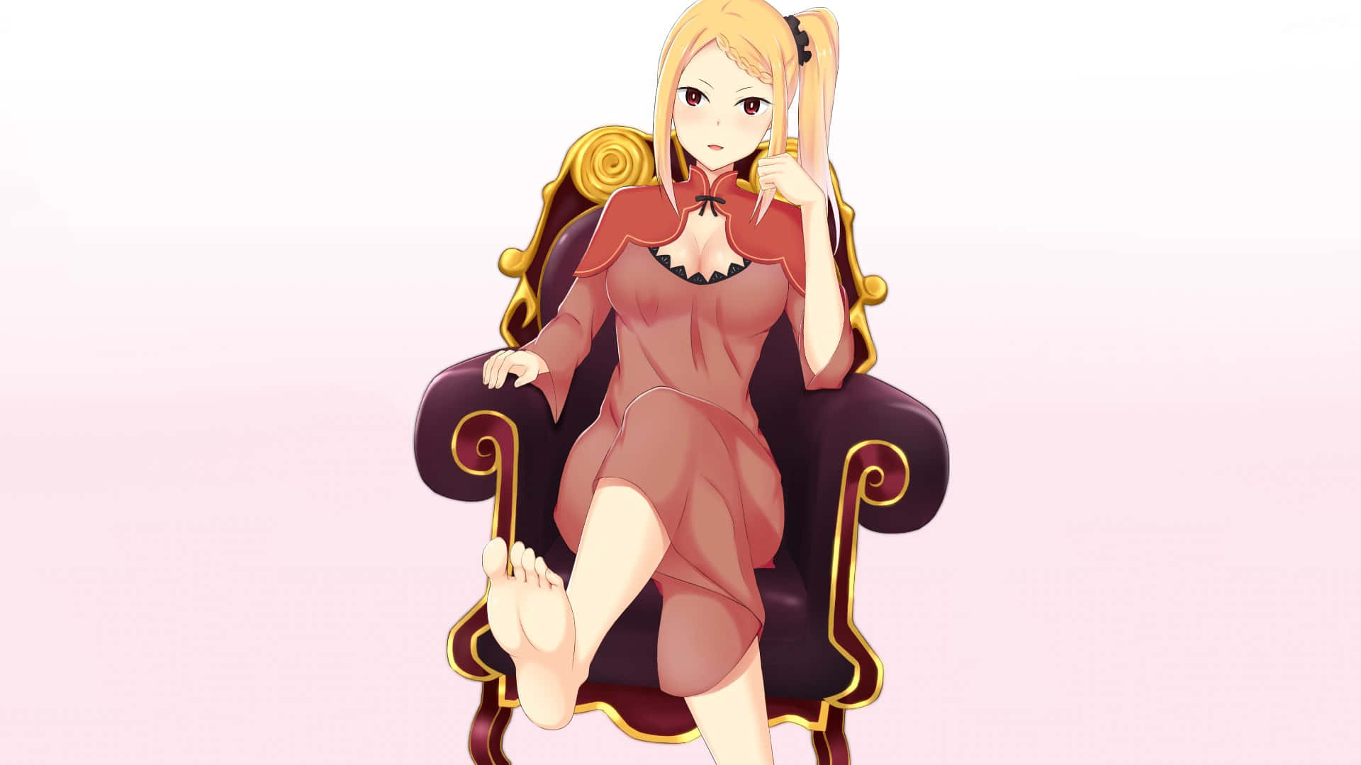 Priscilla Barielle, blonde pigtails, gold-trimmed throne chair, Full HD Desktop Wallpaper