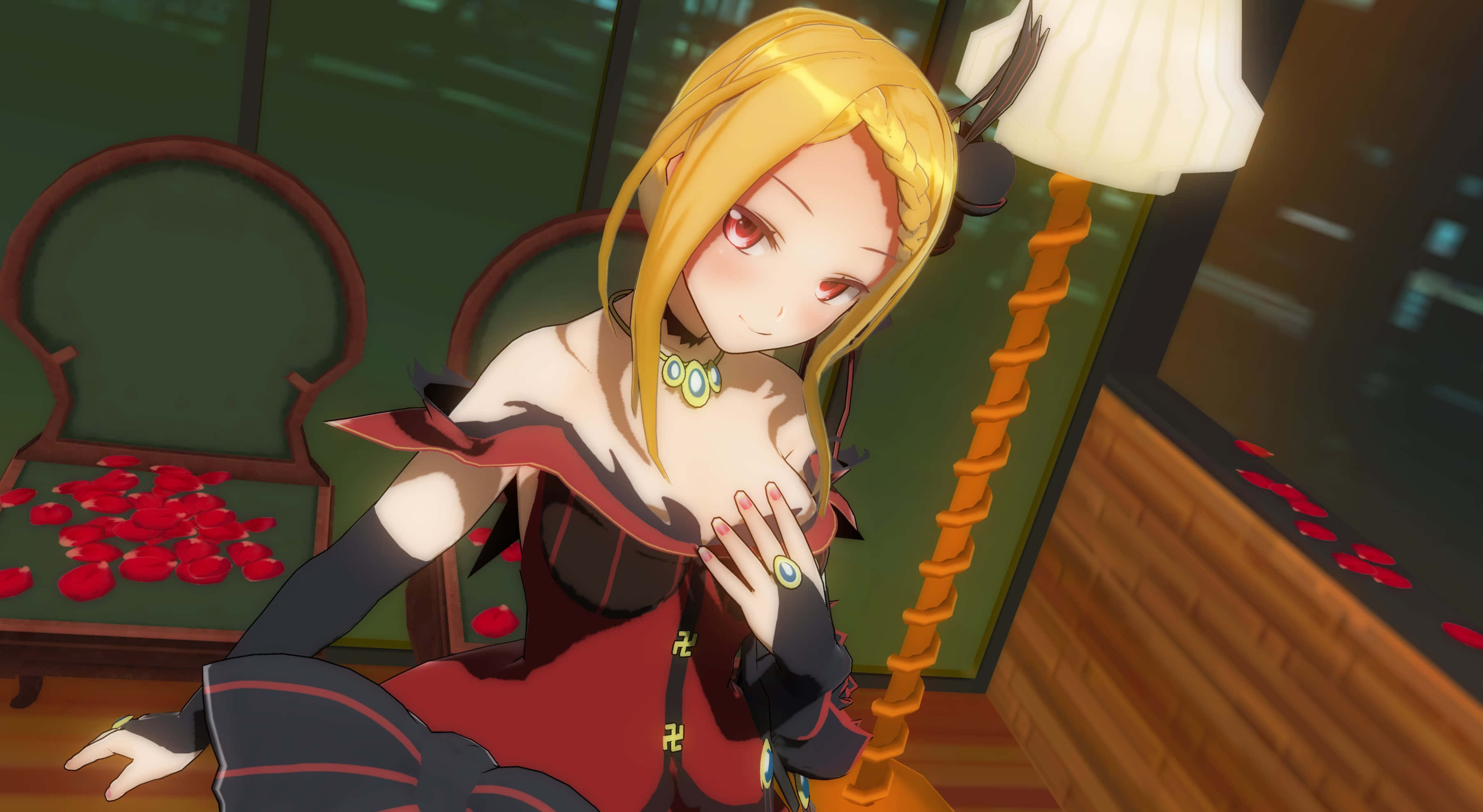 Priscilla Barielle, red dress, lamp, 2K Desktop Wallpaper