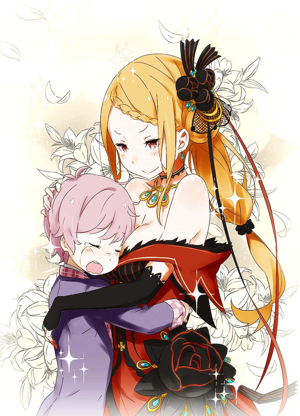 Priscilla Barielle, blonde woman in red and black attire, pink-haired boy in purple, HD Phone Wallpaper