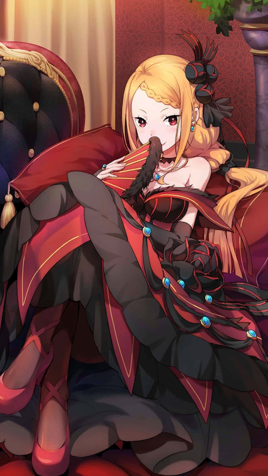 Priscilla Barielle, red and black dress, plush chair, HD Phone Wallpaper