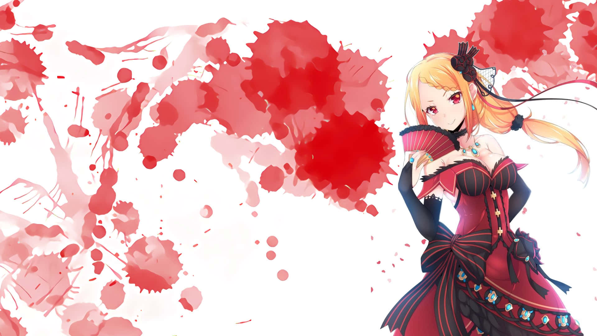 Priscilla Barielle, red gothic dress, fan, Full HD Desktop Wallpaper
