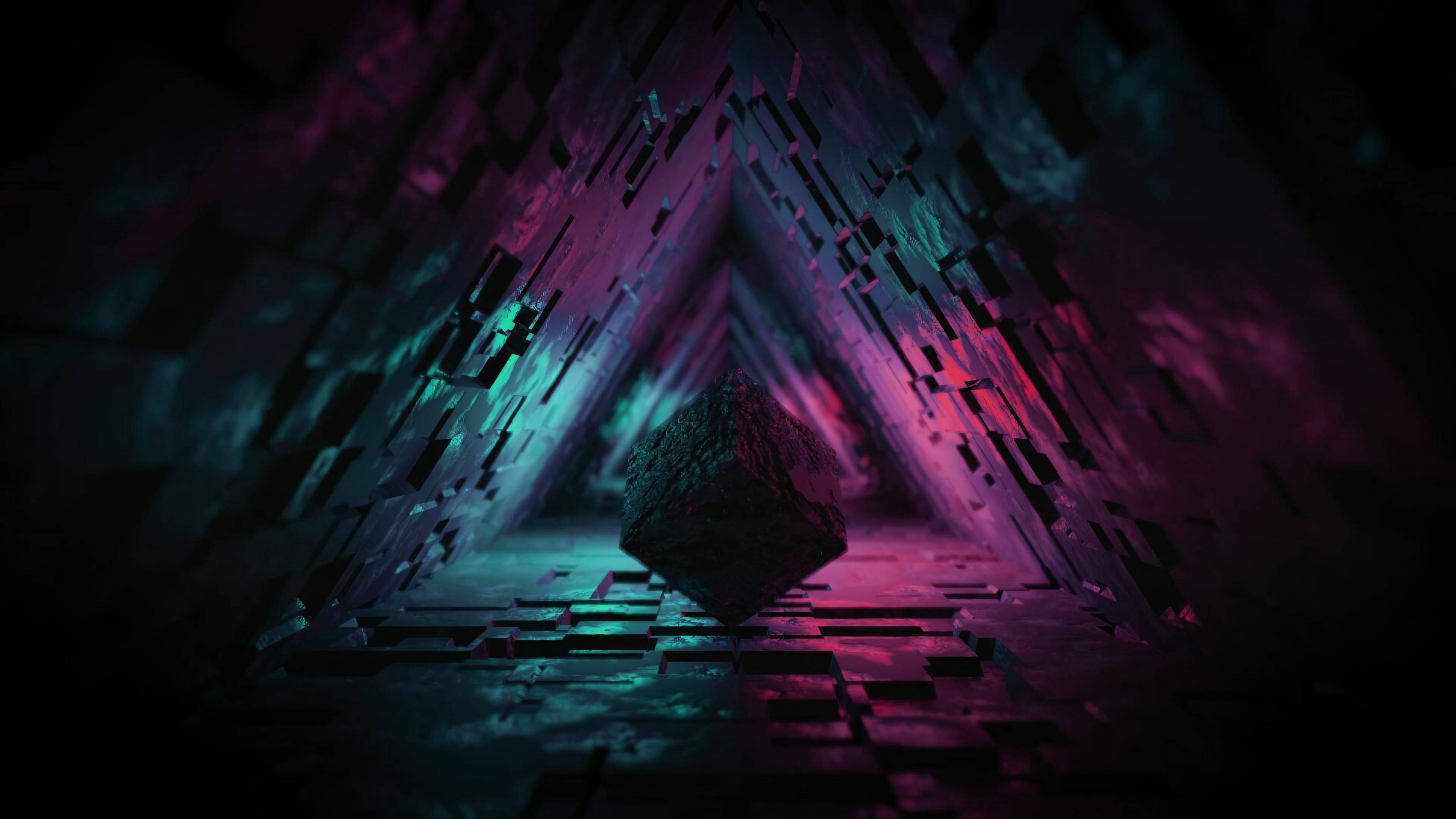 pink and blue prism cave, neon cube, geometric tunnel, 4K Desktop Wallpaper