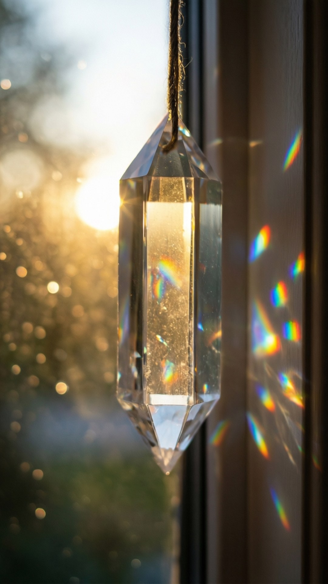 hanging crystal prism, sunlight, vibrant rainbows, Full HD Phone Wallpaper